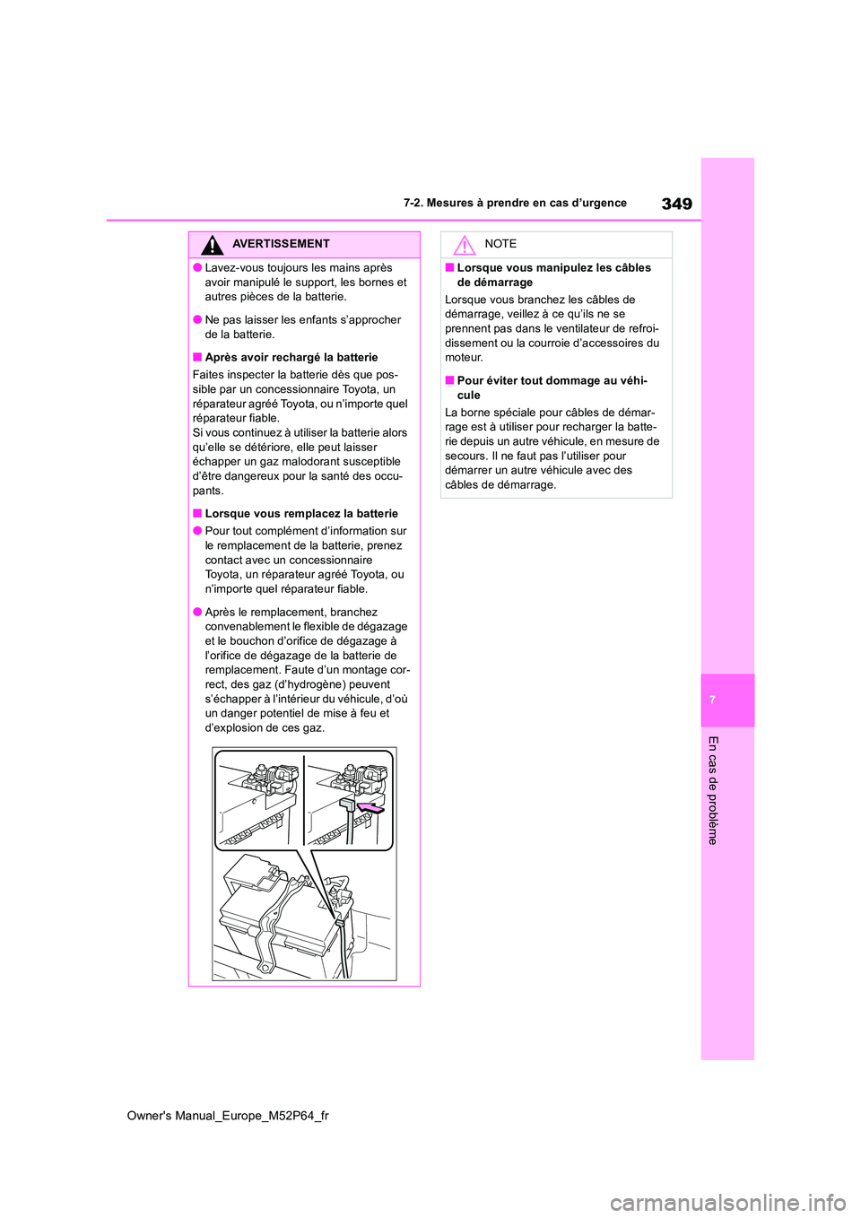 TOYOTA GR YARIS 2023 Manuel du propriétaire (in French) 349
7
Owner's Manual_Europe_M52P64_fr
7-2. Mesures à prendre en cas d’urgence
En cas de problème
AVERTISSEMENT
●Lavez-vous toujours les mains après
avoir manipulé le support, les bornes TOYOTA GR YARIS 2023 Manuel du propriétaire (in French) 349
7
Owner's Manual_Europe_M52P64_fr
7-2. Mesures à prendre en cas d’urgence
En cas de problème
AVERTISSEMENT
●Lavez-vous toujours les mains après
avoir manipulé le support, les bornes