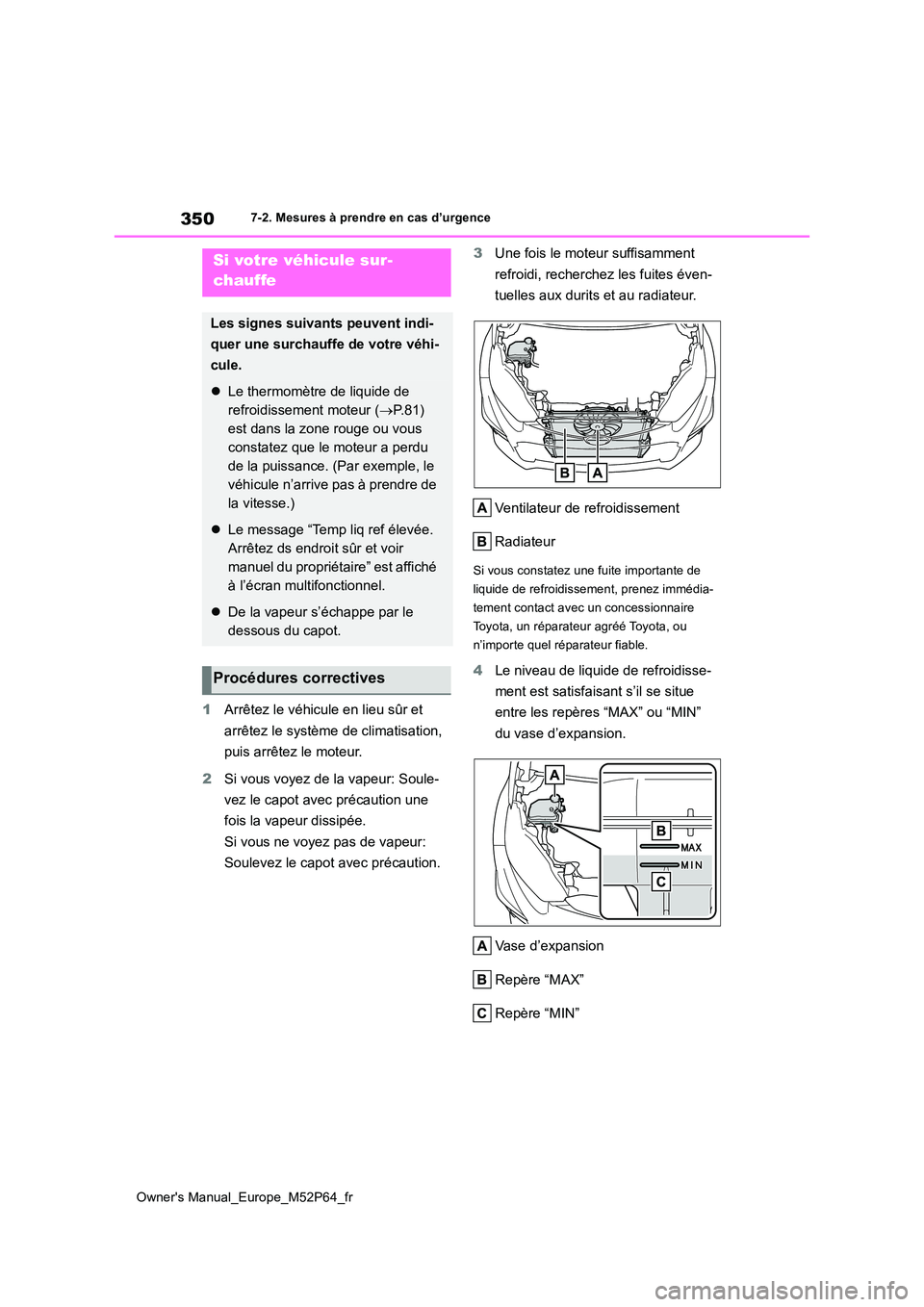 TOYOTA GR YARIS 2023 Manuel du propriétaire (in French) 350
Owner's Manual_Europe_M52P64_fr
7-2. Mesures à prendre en cas d’urgence
1Arrêtez le véhicule en lieu sûr et
arrêtez le système de climatisation,
puis arrêtez le moteur.
2 Si vous TOYOTA GR YARIS 2023 Manuel du propriétaire (in French) 350
Owner's Manual_Europe_M52P64_fr
7-2. Mesures à prendre en cas d’urgence
1Arrêtez le véhicule en lieu sûr et
arrêtez le système de climatisation,
puis arrêtez le moteur.
2 Si vous