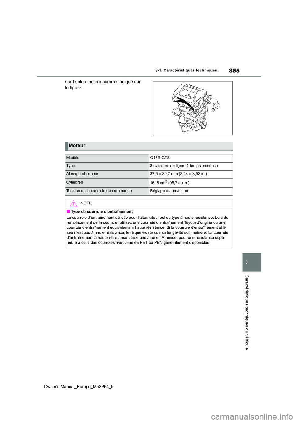 TOYOTA GR YARIS 2023 Manuel du propriétaire (in French) 355
8
Owner's Manual_Europe_M52P64_fr
8-1. Caractéristiques techniques
Caractéristiques techniques du véhicule
sur le bloc-moteur comme indiqué sur
la figure.
Moteur
ModèleG16E-GTS
Ty p e3 TOYOTA GR YARIS 2023 Manuel du propriétaire (in French) 355
8
Owner's Manual_Europe_M52P64_fr
8-1. Caractéristiques techniques
Caractéristiques techniques du véhicule
sur le bloc-moteur comme indiqué sur
la figure.
Moteur
ModèleG16E-GTS
Ty p e3