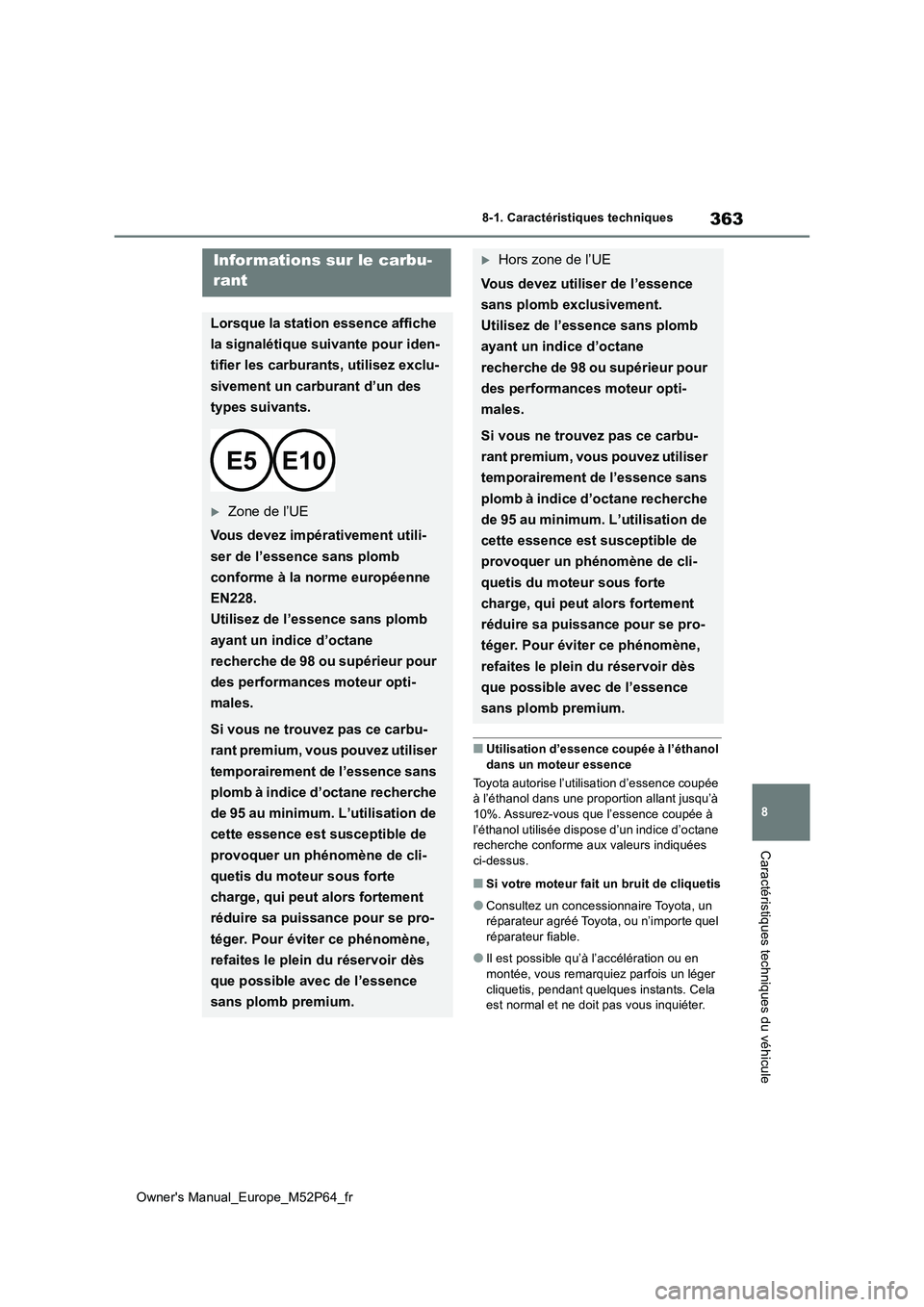 TOYOTA GR YARIS 2023 Manuel du propriétaire (in French) 363
8
Owner's Manual_Europe_M52P64_fr
8-1. Caractéristiques techniques
Caractéristiques techniques du véhicule
■Utilisation d’essence coupée à l’éthanol
dans un moteur essence
Toyot TOYOTA GR YARIS 2023 Manuel du propriétaire (in French) 363
8
Owner's Manual_Europe_M52P64_fr
8-1. Caractéristiques techniques
Caractéristiques techniques du véhicule
■Utilisation d’essence coupée à l’éthanol
dans un moteur essence
Toyot