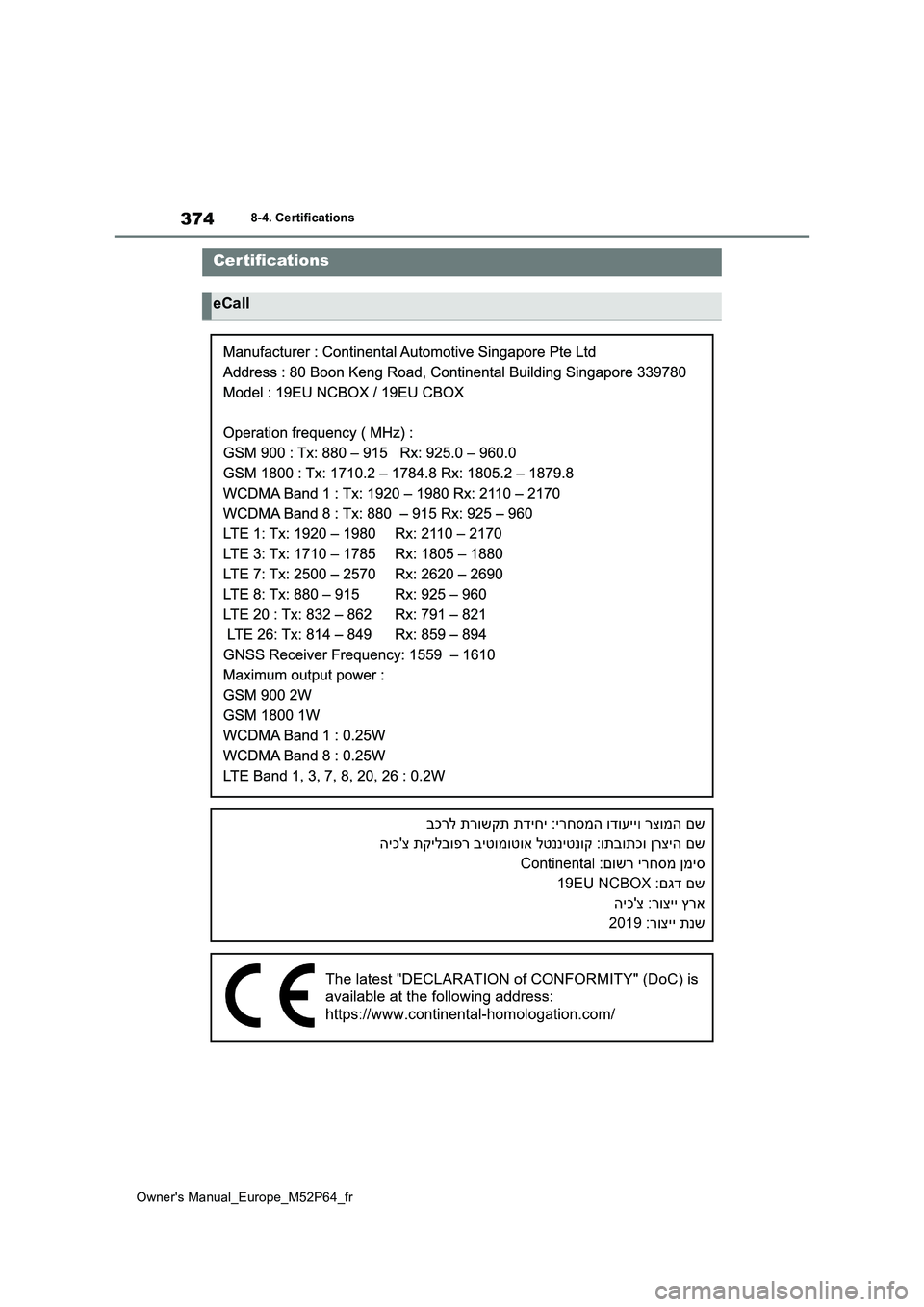 TOYOTA GR YARIS 2023  Manuel du propriétaire (in French) 374
Owner's Manual_Europe_M52P64_fr
8-4. Certifications
8-4.CertificationsCer tifications
eCall 