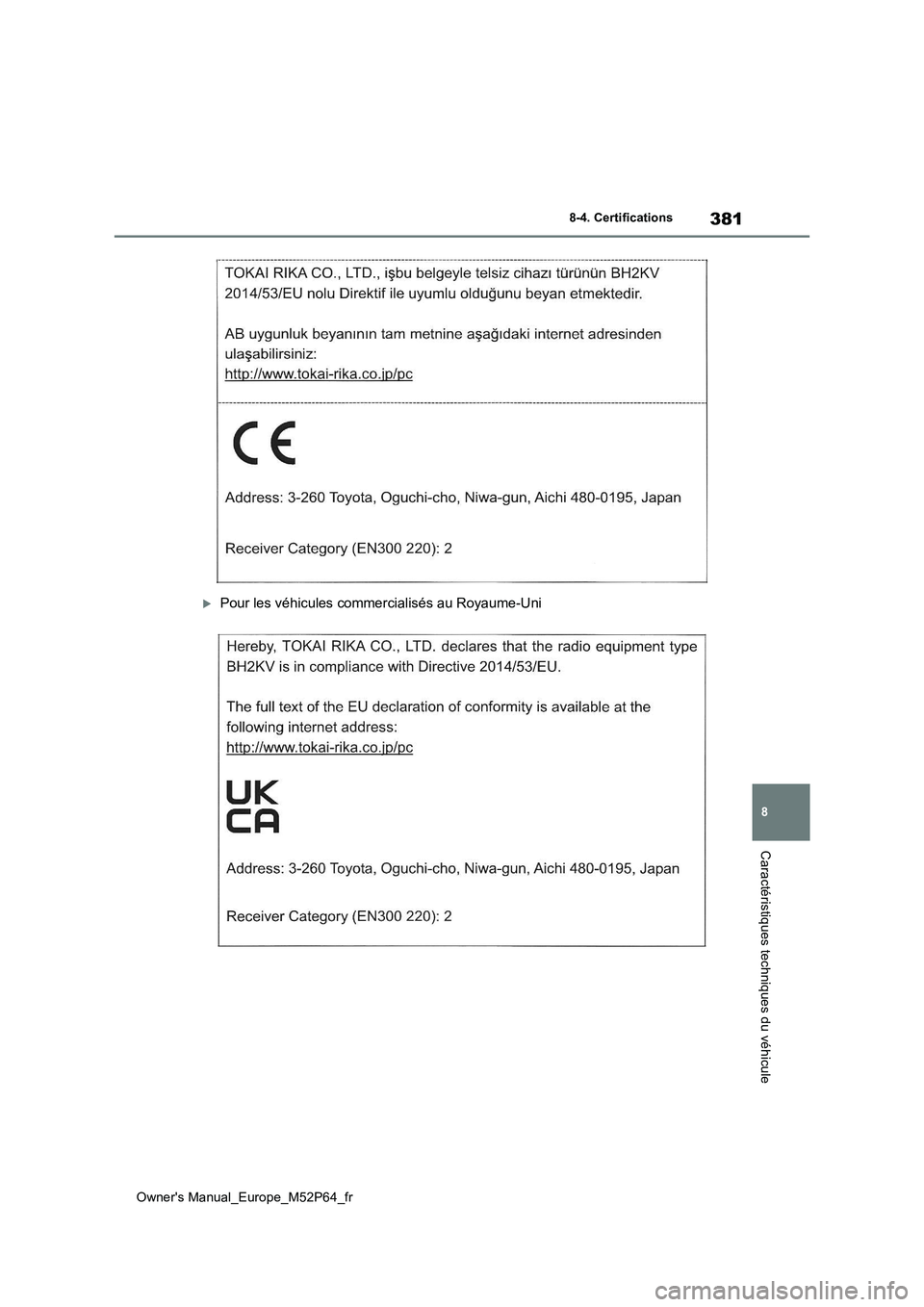 TOYOTA GR YARIS 2023 Manuel du propriétaire (in French) 381
8
Owner's Manual_Europe_M52P64_fr
8-4. Certifications
Caractéristiques techniques du véhicule
Pour les véhicules commercialisés au Royaume-Uni TOYOTA GR YARIS 2023 Manuel du propriétaire (in French) 381
8
Owner's Manual_Europe_M52P64_fr
8-4. Certifications
Caractéristiques techniques du véhicule
Pour les véhicules commercialisés au Royaume-Uni