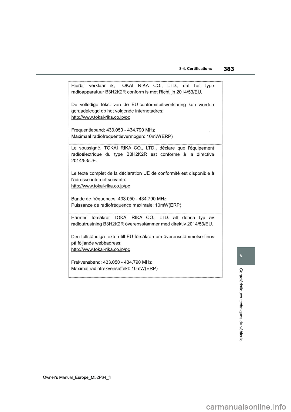 TOYOTA GR YARIS 2023 Manuel du propriétaire (in French) 383
8
Owner's Manual_Europe_M52P64_fr
8-4. Certifications
Caractéristiques techniques du véhicule TOYOTA GR YARIS 2023 Manuel du propriétaire (in French) 383
8
Owner's Manual_Europe_M52P64_fr
8-4. Certifications
Caractéristiques techniques du véhicule