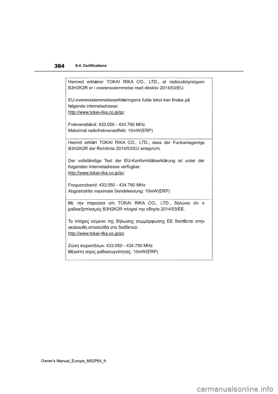 TOYOTA GR YARIS 2023 Manuel du propriétaire (in French) 384
Owner's Manual_Europe_M52P64_fr
8-4. Certifications TOYOTA GR YARIS 2023 Manuel du propriétaire (in French) 384
Owner's Manual_Europe_M52P64_fr
8-4. Certifications