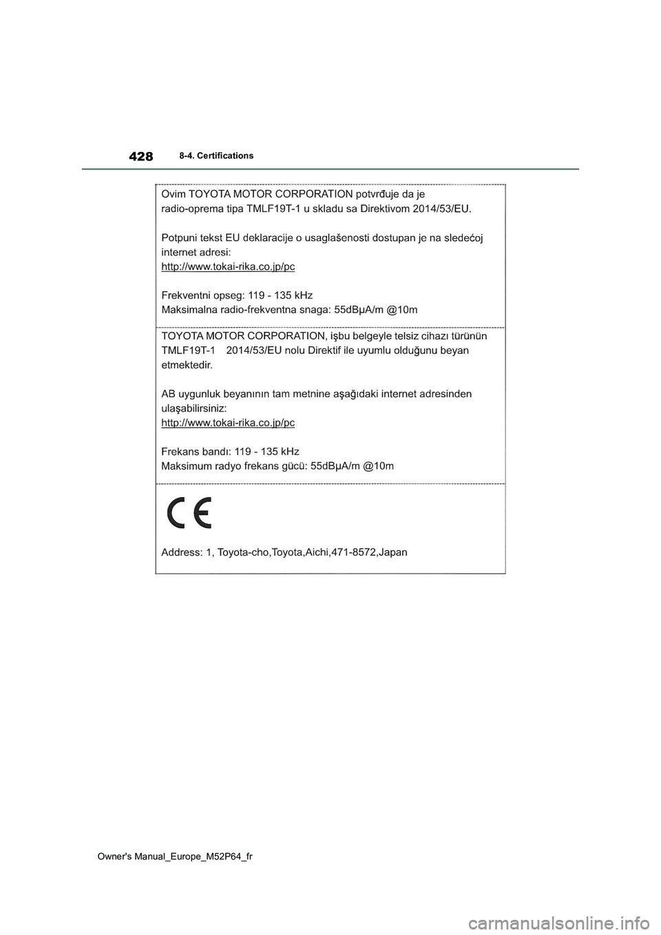TOYOTA GR YARIS 2023 Manuel du propriétaire (in French) 428
Owner's Manual_Europe_M52P64_fr
8-4. Certifications TOYOTA GR YARIS 2023 Manuel du propriétaire (in French) 428
Owner's Manual_Europe_M52P64_fr
8-4. Certifications