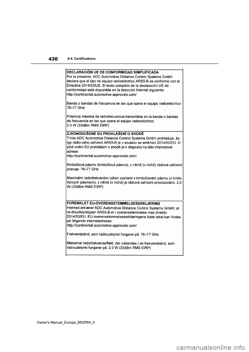 TOYOTA GR YARIS 2023 Manuel du propriétaire (in French) 430
Owner's Manual_Europe_M52P64_fr
8-4. Certifications TOYOTA GR YARIS 2023 Manuel du propriétaire (in French) 430
Owner's Manual_Europe_M52P64_fr
8-4. Certifications