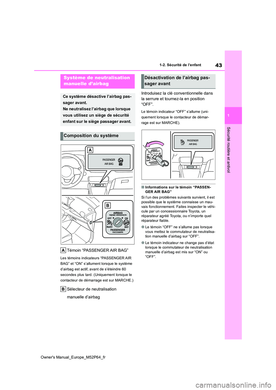 TOYOTA GR YARIS 2022 Manuel du propriétaire (in French) 43
1
Owner's Manual_Europe_M52P64_fr
1-2. Sécurité de l’enfant
Sécurité routière et antivol
1-2.Sécu rité de l’e nfa nt
Témoin “PASSENGER AIR BAG”
Les témoins indicateurs “PAS TOYOTA GR YARIS 2022 Manuel du propriétaire (in French) 43
1
Owner's Manual_Europe_M52P64_fr
1-2. Sécurité de l’enfant
Sécurité routière et antivol
1-2.Sécu rité de l’e nfa nt
Témoin “PASSENGER AIR BAG”
Les témoins indicateurs “PAS