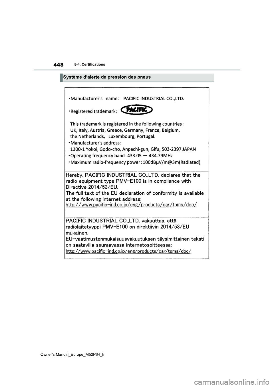 TOYOTA GR YARIS 2023 Manuel du propriétaire (in French) 448
Owner's Manual_Europe_M52P64_fr
8-4. Certifications
Système d’alerte de pression des pneus TOYOTA GR YARIS 2023 Manuel du propriétaire (in French) 448
Owner's Manual_Europe_M52P64_fr
8-4. Certifications
Système d’alerte de pression des pneus