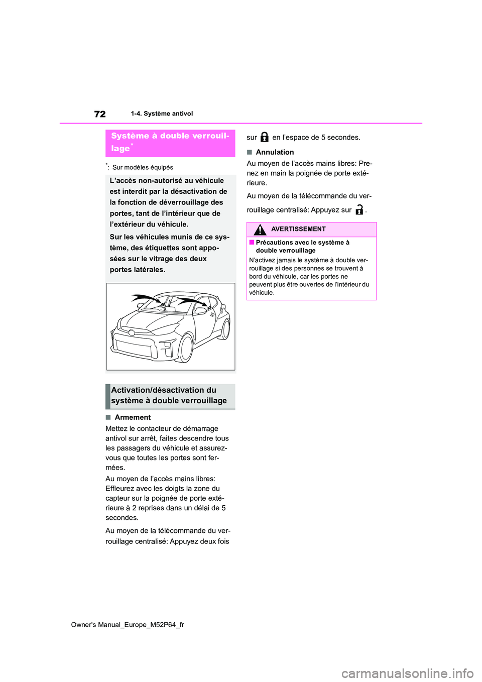 TOYOTA GR YARIS 2022 Manuel du propriétaire (in French) 72
Owner's Manual_Europe_M52P64_fr
1-4. Système antivol
*: Sur modèles équipés
■Armement
Mettez le contacteur de démarrage
antivol sur arrêt, faites descendre tous
les passagers du vé TOYOTA GR YARIS 2022 Manuel du propriétaire (in French) 72
Owner's Manual_Europe_M52P64_fr
1-4. Système antivol
*: Sur modèles équipés
■Armement
Mettez le contacteur de démarrage
antivol sur arrêt, faites descendre tous
les passagers du vé