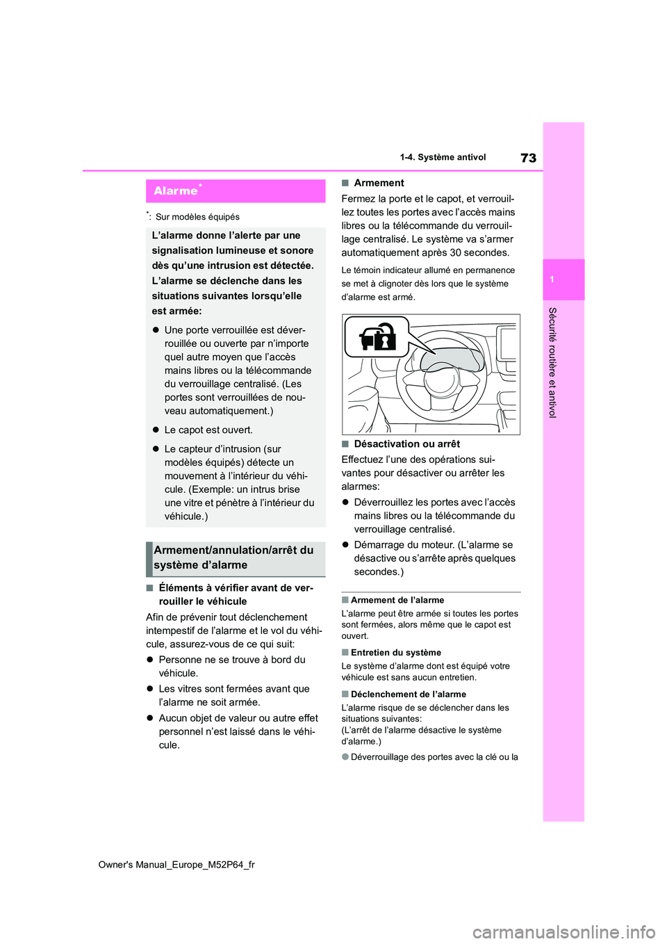 TOYOTA GR YARIS 2022 Manuel du propriétaire (in French) 73
1
Owner's Manual_Europe_M52P64_fr
1-4. Système antivol
Sécurité routière et antivol
*: Sur modèles équipés
■Éléments à vérifier avant de ver-
rouiller le véhicule
Afin de préve TOYOTA GR YARIS 2022 Manuel du propriétaire (in French) 73
1
Owner's Manual_Europe_M52P64_fr
1-4. Système antivol
Sécurité routière et antivol
*: Sur modèles équipés
■Éléments à vérifier avant de ver-
rouiller le véhicule
Afin de préve