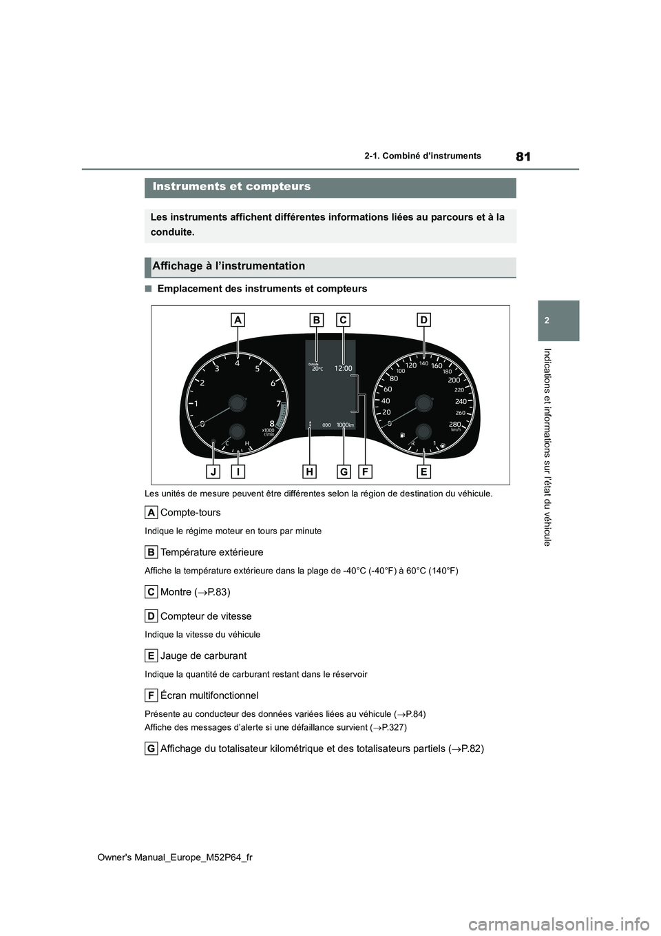 TOYOTA GR YARIS 2022 Manuel du propriétaire (in French) 81
2
Owner's Manual_Europe_M52P64_fr
2-1. Combiné d’instruments
Indications et informations sur l’état du véhicule
■Emplacement des instruments et compteurs
Les unités de mesure peuvent TOYOTA GR YARIS 2022 Manuel du propriétaire (in French) 81
2
Owner's Manual_Europe_M52P64_fr
2-1. Combiné d’instruments
Indications et informations sur l’état du véhicule
■Emplacement des instruments et compteurs
Les unités de mesure peuvent