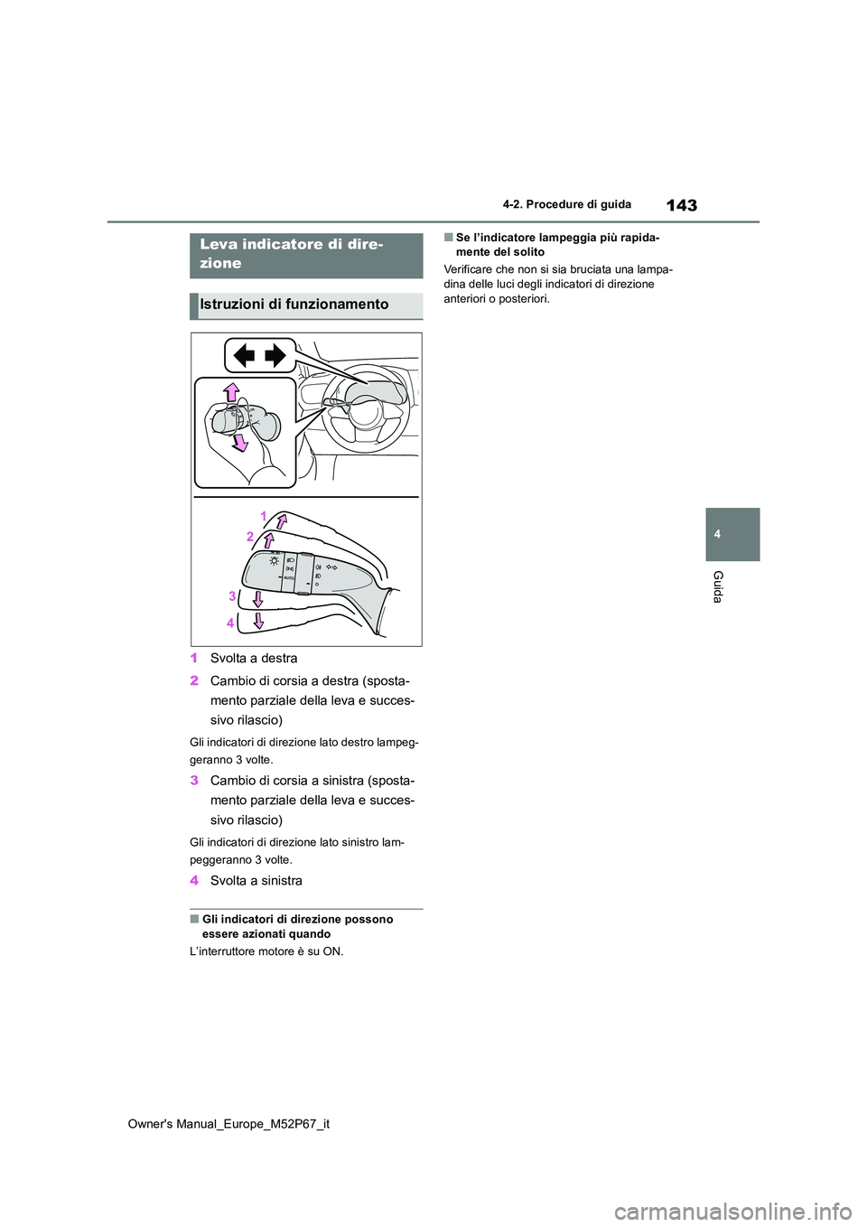 TOYOTA GR YARIS 2023  Manuale duso (in Italian) 143
4
Owner's Manual_Europe_M52P67_it
4-2. Procedure di guida
Guida
1Svolta a destra 
2 Cambio di corsia a destra (sposta- 
mento parziale della leva e succes- 
sivo rilascio)
Gli indicatori di di