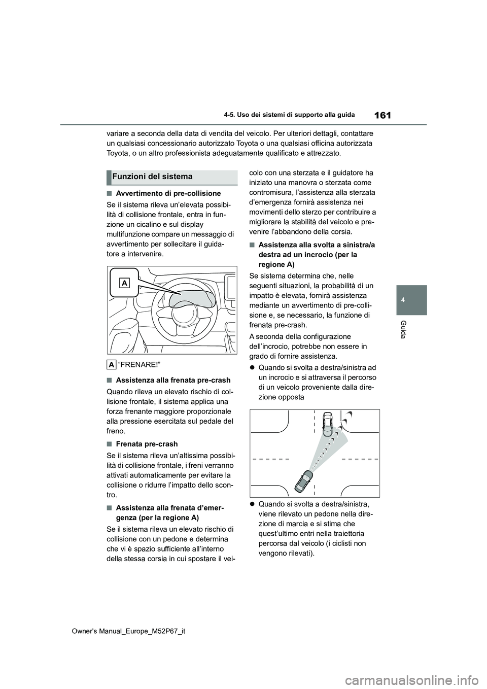 TOYOTA GR YARIS 2022  Manuale duso (in Italian) 161
4
Owner's Manual_Europe_M52P67_it
4-5. Uso dei sistemi di supporto alla guida
Guida
variare a seconda della data di vendita del veicolo. Per ulteriori dettagli, contattare  
un qualsiasi conce