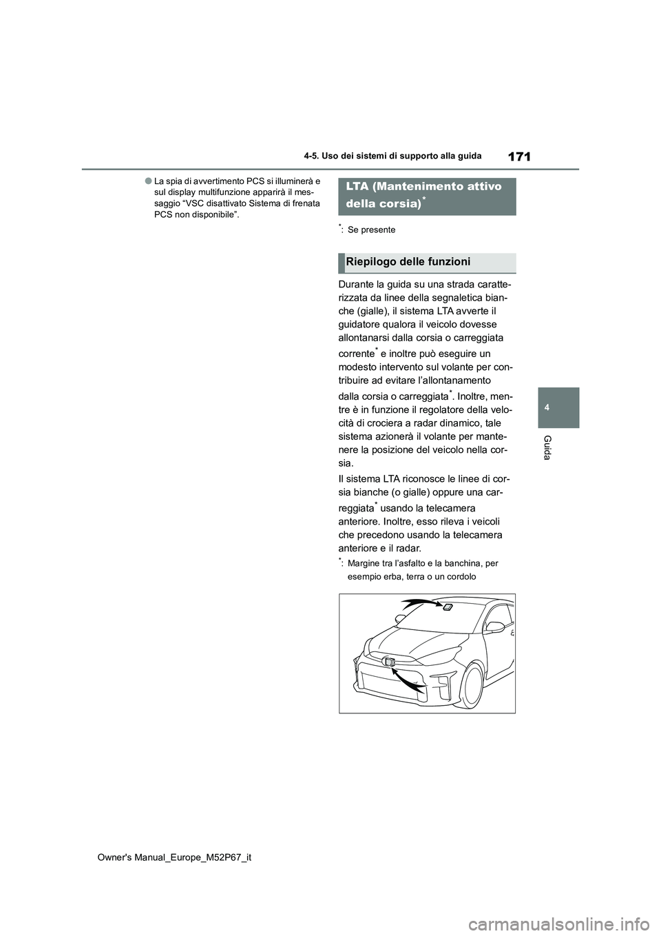 TOYOTA GR YARIS 2022  Manuale duso (in Italian) 171
4
Owner's Manual_Europe_M52P67_it
4-5. Uso dei sistemi di supporto alla guida
Guida
●La spia di avvertimento PCS si illuminerà e  sul display multifunzione apparirà il mes-saggio “VSC di