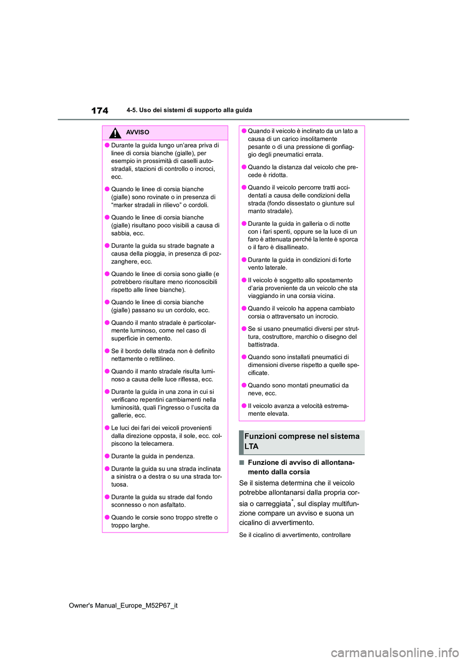 TOYOTA GR YARIS 2022  Manuale duso (in Italian) 174
Owner's Manual_Europe_M52P67_it
4-5. Uso dei sistemi di supporto alla guida
■Funzione di avviso di allontana- 
mento dalla corsia 
Se il sistema determina che il veicolo  
potrebbe allontana