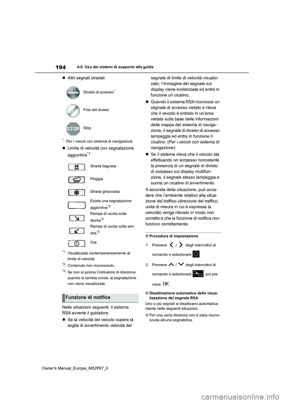 TOYOTA GR YARIS 2022  Manuale duso (in Italian) 194
Owner's Manual_Europe_M52P67_it
4-5. Uso dei sistemi di supporto alla guida
Altri segnali stradali
*: Per i veicoli con sistema di navigazione
Limite di velocità con segnalazione  
aggi