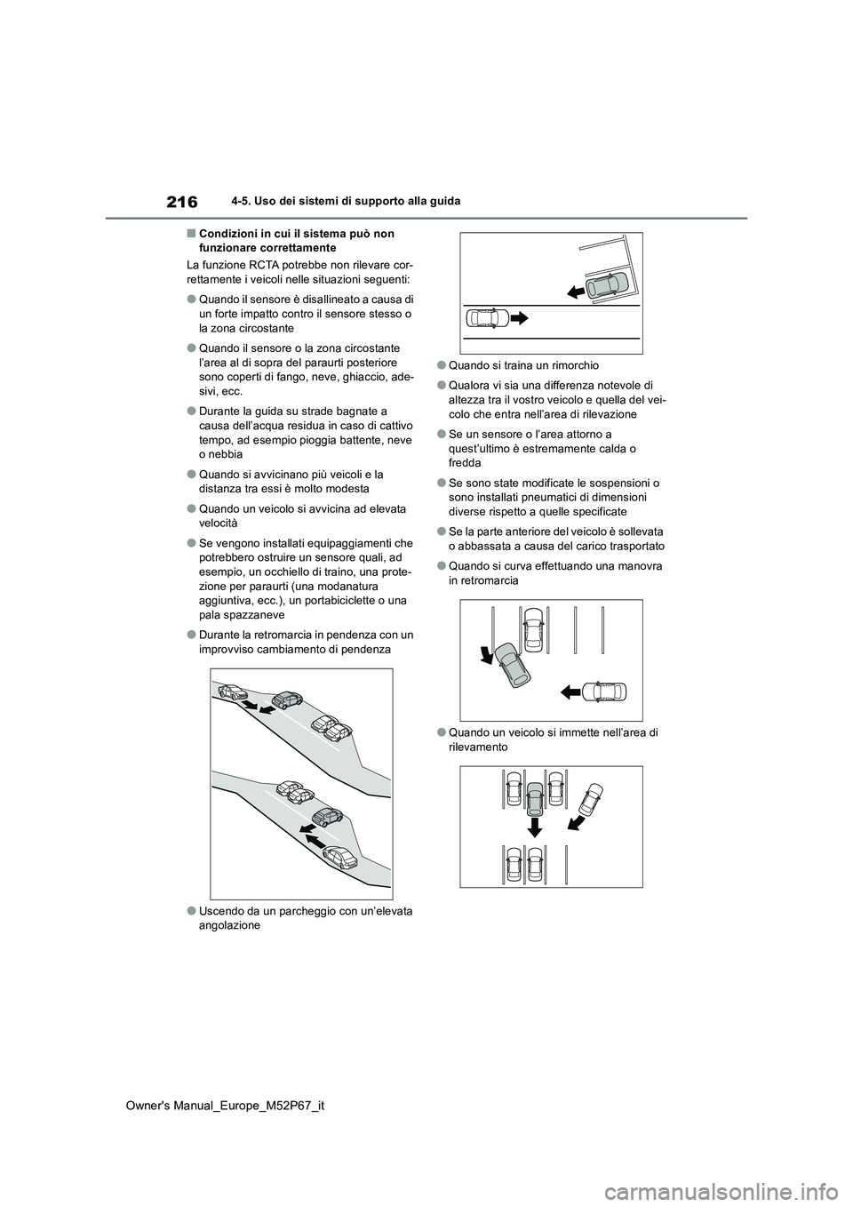 TOYOTA GR YARIS 2022  Manuale duso (in Italian) 216
Owner's Manual_Europe_M52P67_it
4-5. Uso dei sistemi di supporto alla guida
■Condizioni in cui il sistema può non  funzionare correttamente 
La funzione RCTA potrebbe non rilevare cor- rett