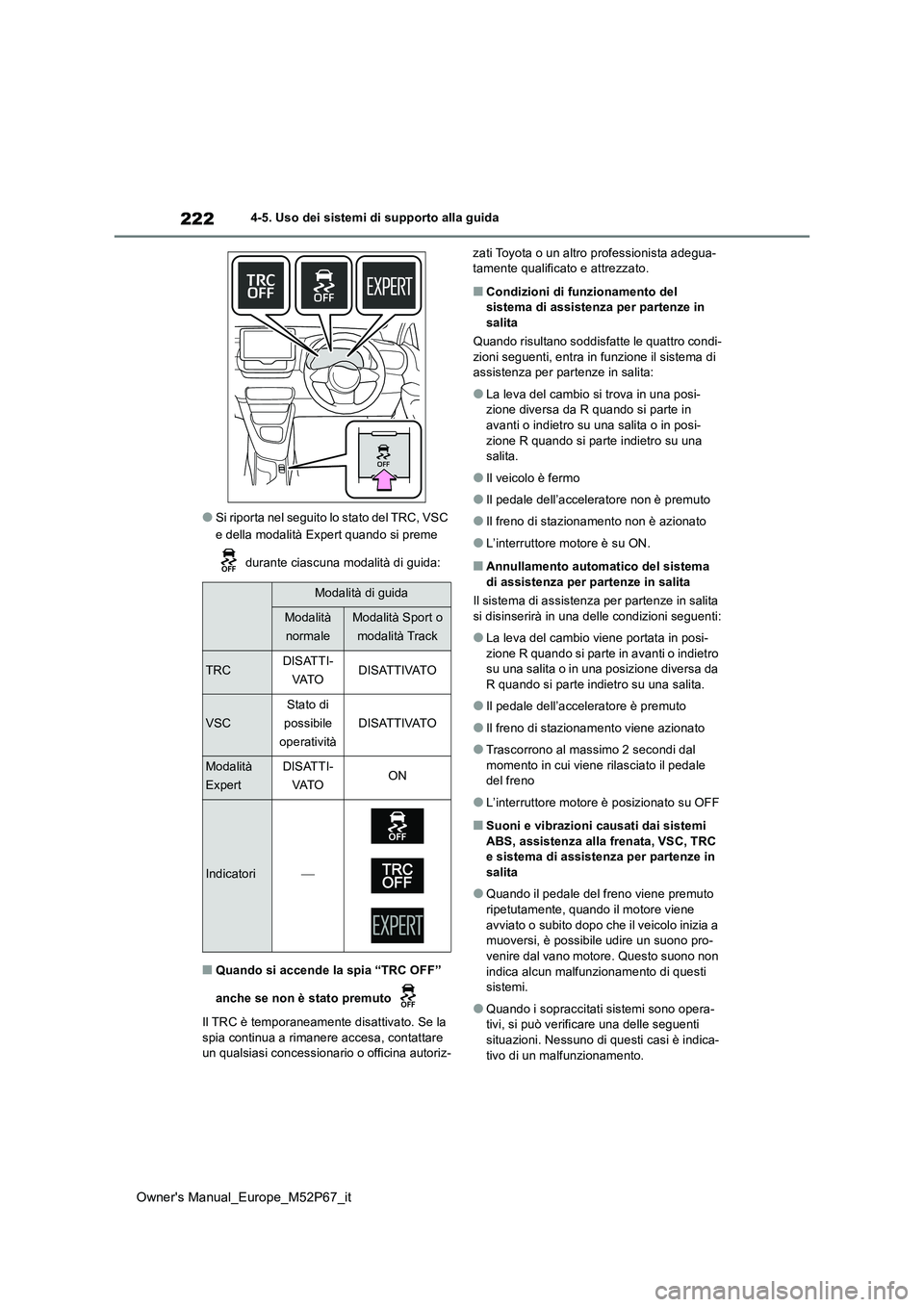 TOYOTA GR YARIS 2022 Manuale duso (in Italian) 222
Owner's Manual_Europe_M52P67_it
4-5. Uso dei sistemi di supporto alla guida
●Si riporta nel seguito lo stato del TRC, VSC
e della modalità Expert quando si preme
durante ciascuna modal TOYOTA GR YARIS 2022 Manuale duso (in Italian) 222
Owner's Manual_Europe_M52P67_it
4-5. Uso dei sistemi di supporto alla guida
●Si riporta nel seguito lo stato del TRC, VSC
e della modalità Expert quando si preme
durante ciascuna modal