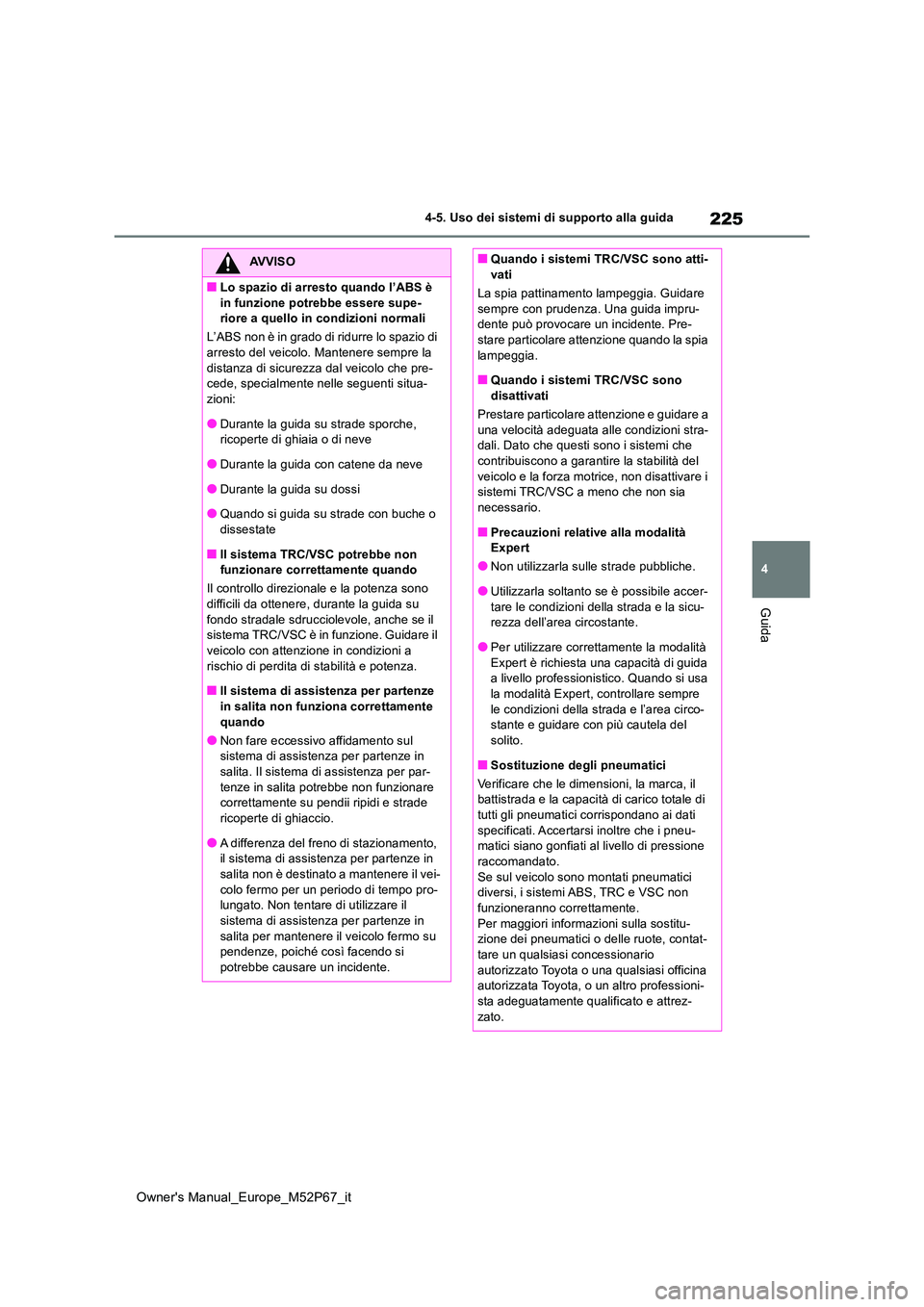 TOYOTA GR YARIS 2022 Manuale duso (in Italian) 225
4
Owner's Manual_Europe_M52P67_it
4-5. Uso dei sistemi di supporto alla guida
Guida
AVVISO
■Lo spazio di arresto quando l’ABS è
in funzione potrebbe essere supe- riore a quello in condi TOYOTA GR YARIS 2022 Manuale duso (in Italian) 225
4
Owner's Manual_Europe_M52P67_it
4-5. Uso dei sistemi di supporto alla guida
Guida
AVVISO
■Lo spazio di arresto quando l’ABS è
in funzione potrebbe essere supe- riore a quello in condi