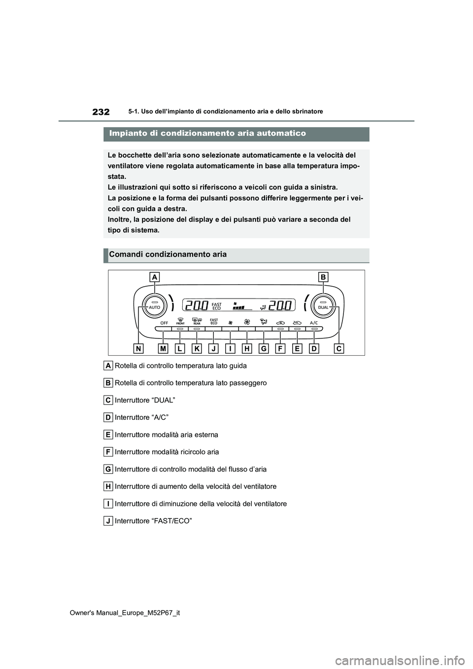 TOYOTA GR YARIS 2022 Manuale duso (in Italian) 232
Owner's Manual_Europe_M52P67_it
5-1. Uso dell’impianto di condizionamento aria e dello sbrinatore
5-1.Uso dell’impia nto di cond iziona mento a ria e d ello sbrinatore
Rotella di controll TOYOTA GR YARIS 2022 Manuale duso (in Italian) 232
Owner's Manual_Europe_M52P67_it
5-1. Uso dell’impianto di condizionamento aria e dello sbrinatore
5-1.Uso dell’impia nto di cond iziona mento a ria e d ello sbrinatore
Rotella di controll