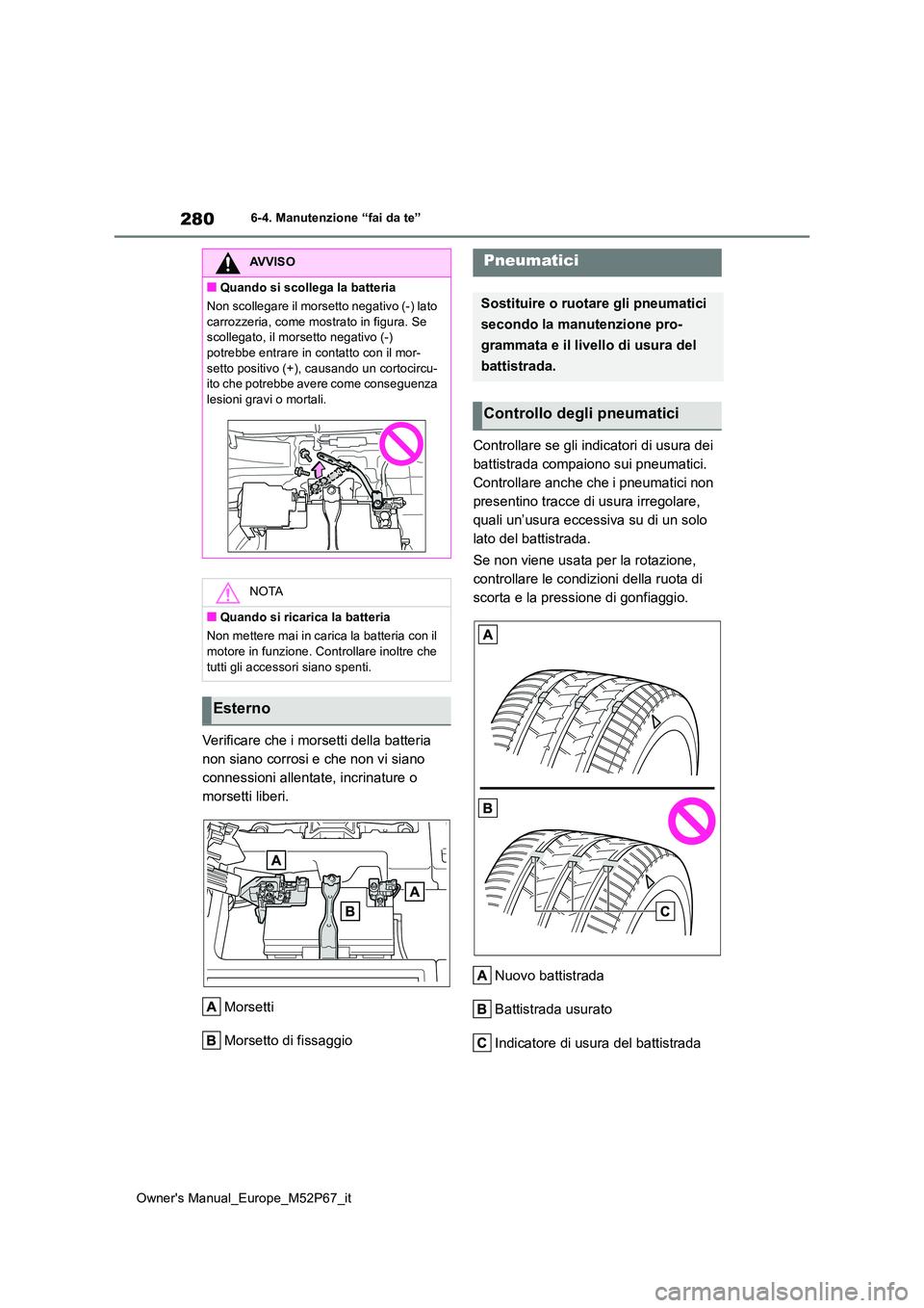 TOYOTA GR YARIS 2022  Manuale duso (in Italian) 280
Owner's Manual_Europe_M52P67_it
6-4. Manutenzione “fai da te”
Verificare che i morsetti della batteria  
non siano corrosi e che non vi siano 
connessioni allentate, incrinature o 
morsett
