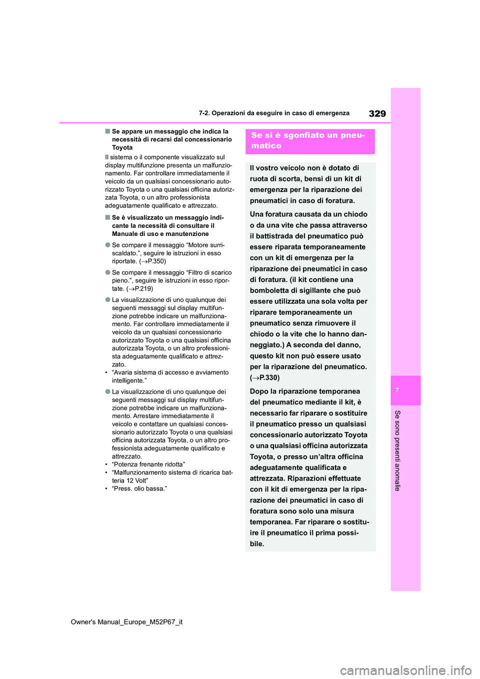 TOYOTA GR YARIS 2022 Manuale duso (in Italian) 329
7
Owner's Manual_Europe_M52P67_it
7-2. Operazioni da eseguire in caso di emergenza
Se sono presenti anomalie
■Se appare un messaggio che indica la necessità di recarsi dal concessionario T TOYOTA GR YARIS 2022 Manuale duso (in Italian) 329
7
Owner's Manual_Europe_M52P67_it
7-2. Operazioni da eseguire in caso di emergenza
Se sono presenti anomalie
■Se appare un messaggio che indica la necessità di recarsi dal concessionario T