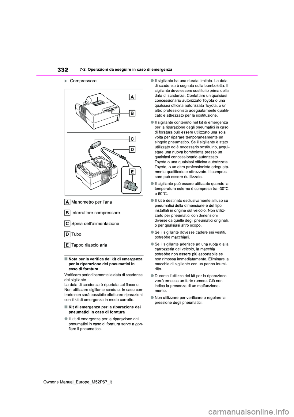 TOYOTA GR YARIS 2022 Manuale duso (in Italian) 332
Owner's Manual_Europe_M52P67_it
7-2. Operazioni da eseguire in caso di emergenza
Compressore
Manometro per l’aria
Interruttore compressore
Spina dell’alimentazione
Tubo
Tappo rilascio TOYOTA GR YARIS 2022 Manuale duso (in Italian) 332
Owner's Manual_Europe_M52P67_it
7-2. Operazioni da eseguire in caso di emergenza
Compressore
Manometro per l’aria
Interruttore compressore
Spina dell’alimentazione
Tubo
Tappo rilascio