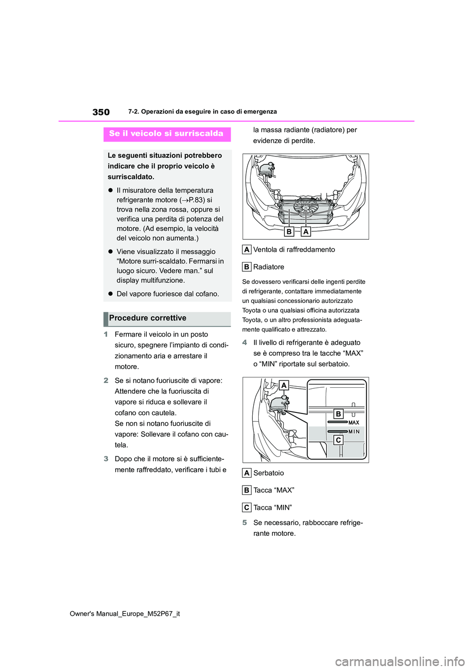 TOYOTA GR YARIS 2023  Manuale duso (in Italian) 350
Owner's Manual_Europe_M52P67_it
7-2. Operazioni da eseguire in caso di emergenza
1Fermare il veicolo in un posto  
sicuro, spegnere l’impianto di condi- 
zionamento aria e arrestare il  
mot