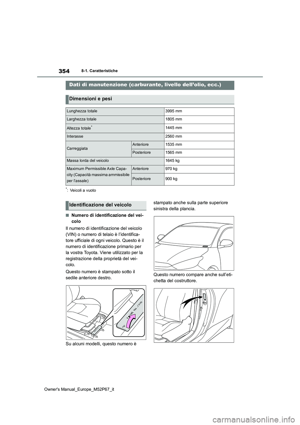 TOYOTA GR YARIS 2023  Manuale duso (in Italian) 354
Owner's Manual_Europe_M52P67_it
8-1. Caratteristiche
8-1.Caratteris tiche
*: Veicoli a vuoto
■Numero di identificazione del vei- 
colo 
Il numero di identificazione del veicolo  
(VIN) o num
