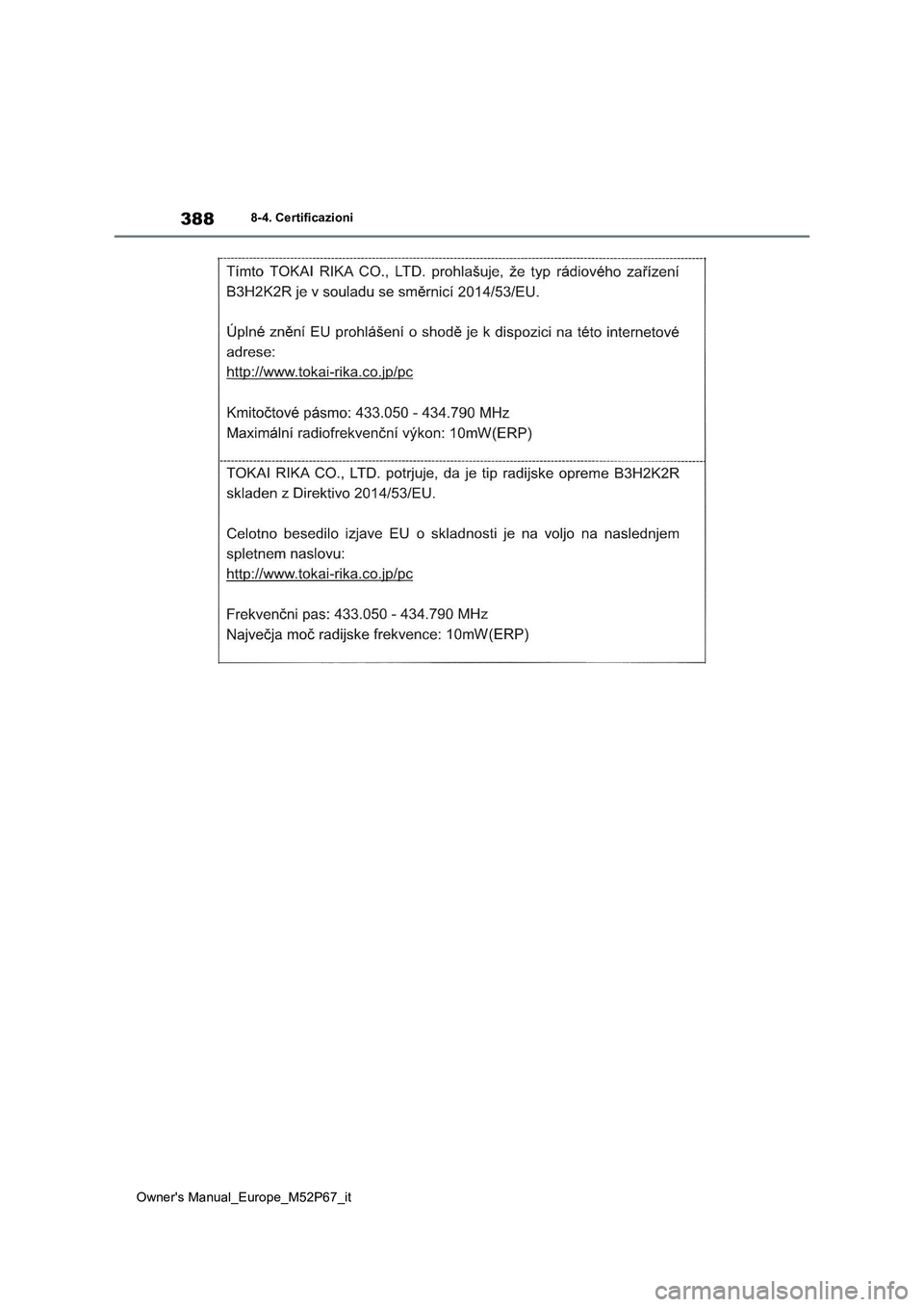 TOYOTA GR YARIS 2023 Manuale duso (in Italian) 388
Owner's Manual_Europe_M52P67_it
8-4. Certificazioni TOYOTA GR YARIS 2023 Manuale duso (in Italian) 388
Owner's Manual_Europe_M52P67_it
8-4. Certificazioni