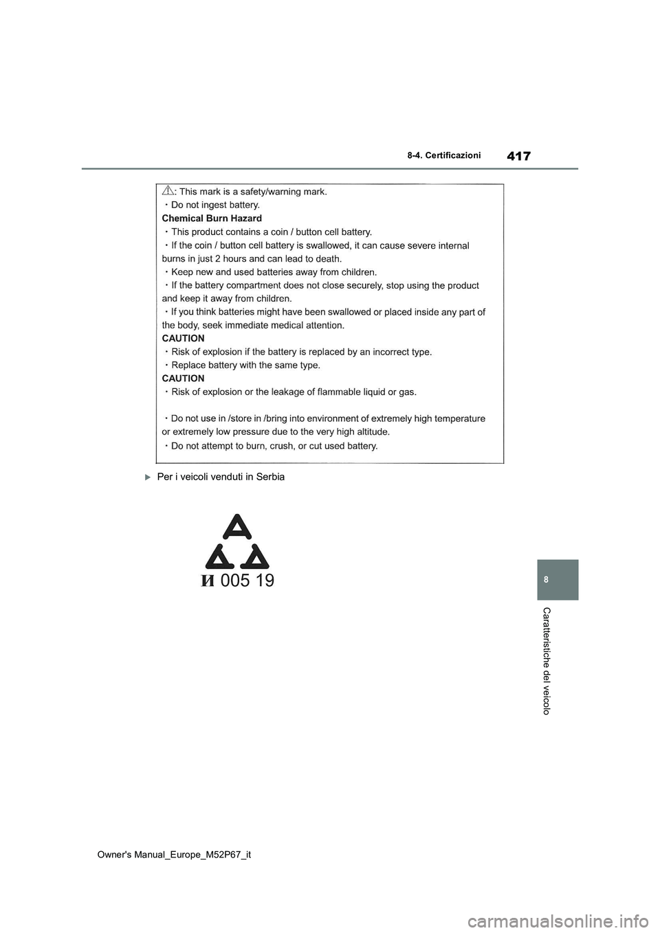 TOYOTA GR YARIS 2022 Manuale duso (in Italian) 417
8
Owner's Manual_Europe_M52P67_it
8-4. Certificazioni
Caratteristiche del veicolo
Per i veicoli venduti in Serbia TOYOTA GR YARIS 2022 Manuale duso (in Italian) 417
8
Owner's Manual_Europe_M52P67_it
8-4. Certificazioni
Caratteristiche del veicolo
Per i veicoli venduti in Serbia