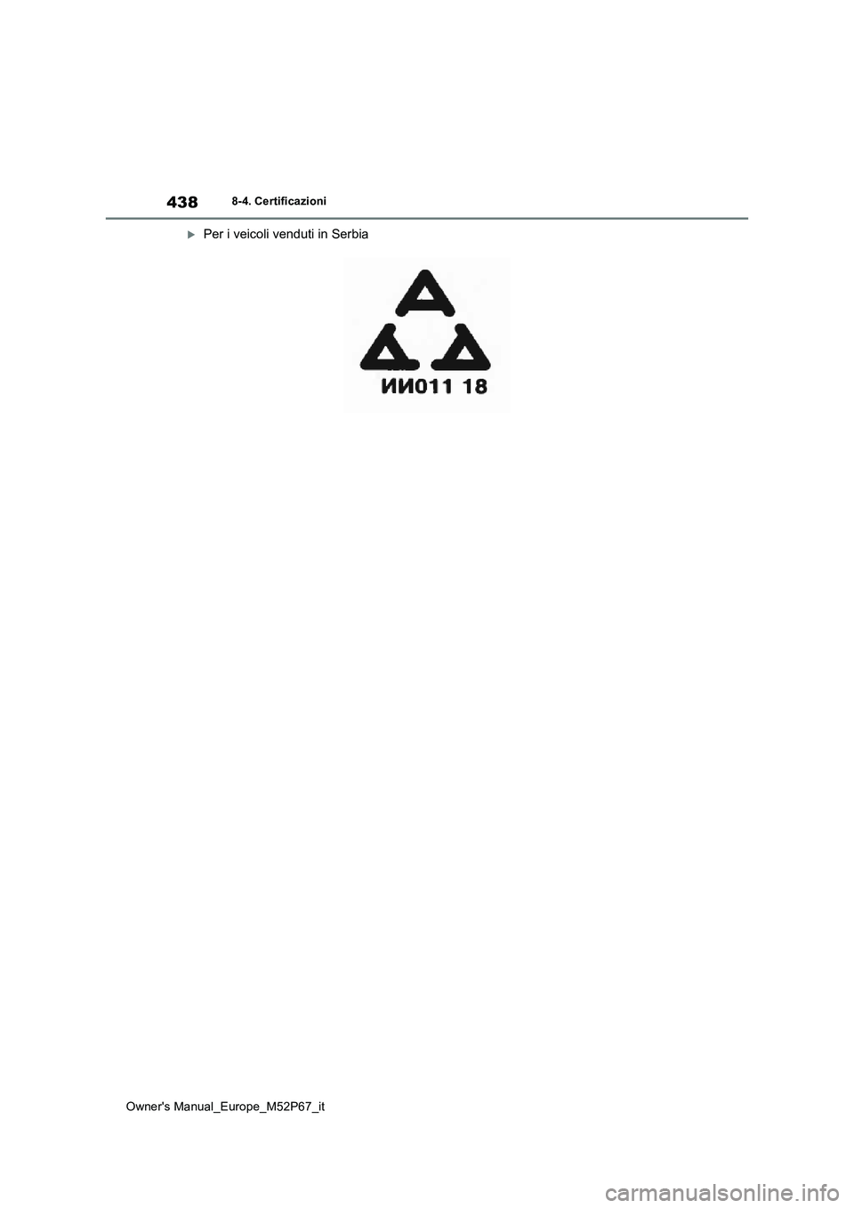 TOYOTA GR YARIS 2023  Manuale duso (in Italian) 438
Owner's Manual_Europe_M52P67_it
8-4. Certificazioni
Per i veicoli venduti in Serbia 