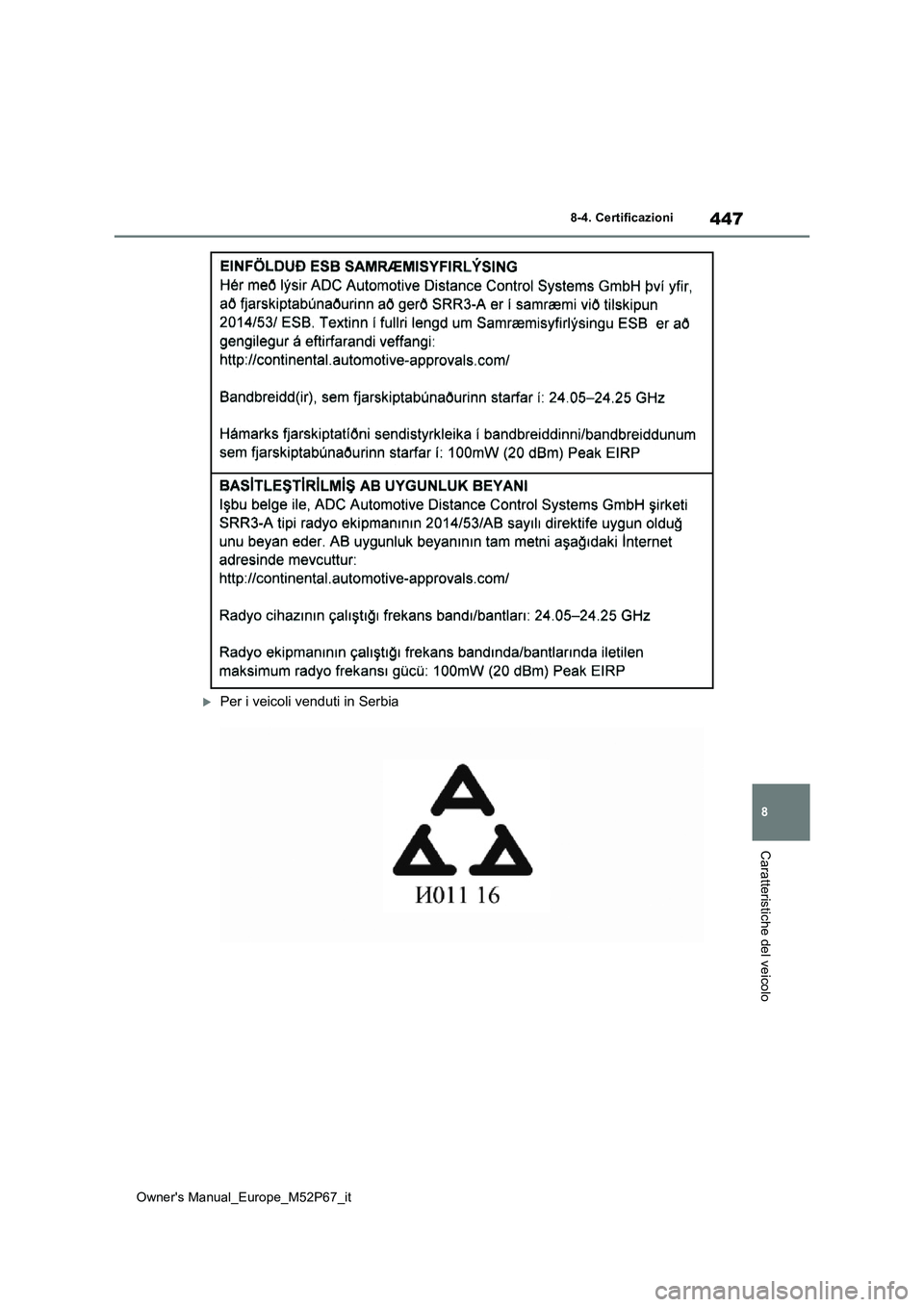 TOYOTA GR YARIS 2023 Manuale duso (in Italian) 447
8
Owner's Manual_Europe_M52P67_it
8-4. Certificazioni
Caratteristiche del veicolo
Per i veicoli venduti in Serbia TOYOTA GR YARIS 2023 Manuale duso (in Italian) 447
8
Owner's Manual_Europe_M52P67_it
8-4. Certificazioni
Caratteristiche del veicolo
Per i veicoli venduti in Serbia