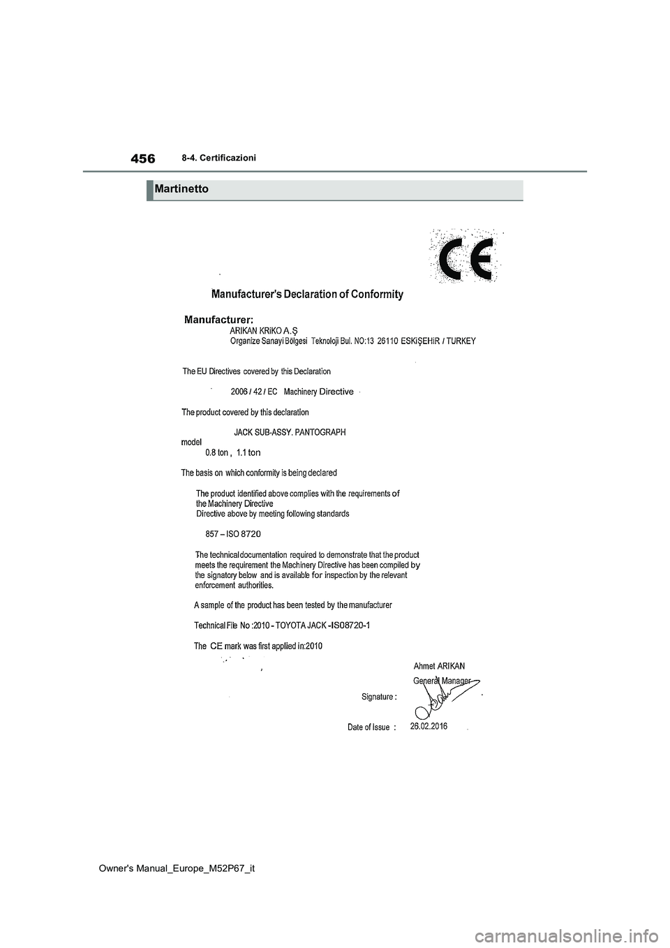 TOYOTA GR YARIS 2022  Manuale duso (in Italian) 456
Owner's Manual_Europe_M52P67_it
8-4. Certificazioni
Martinetto 