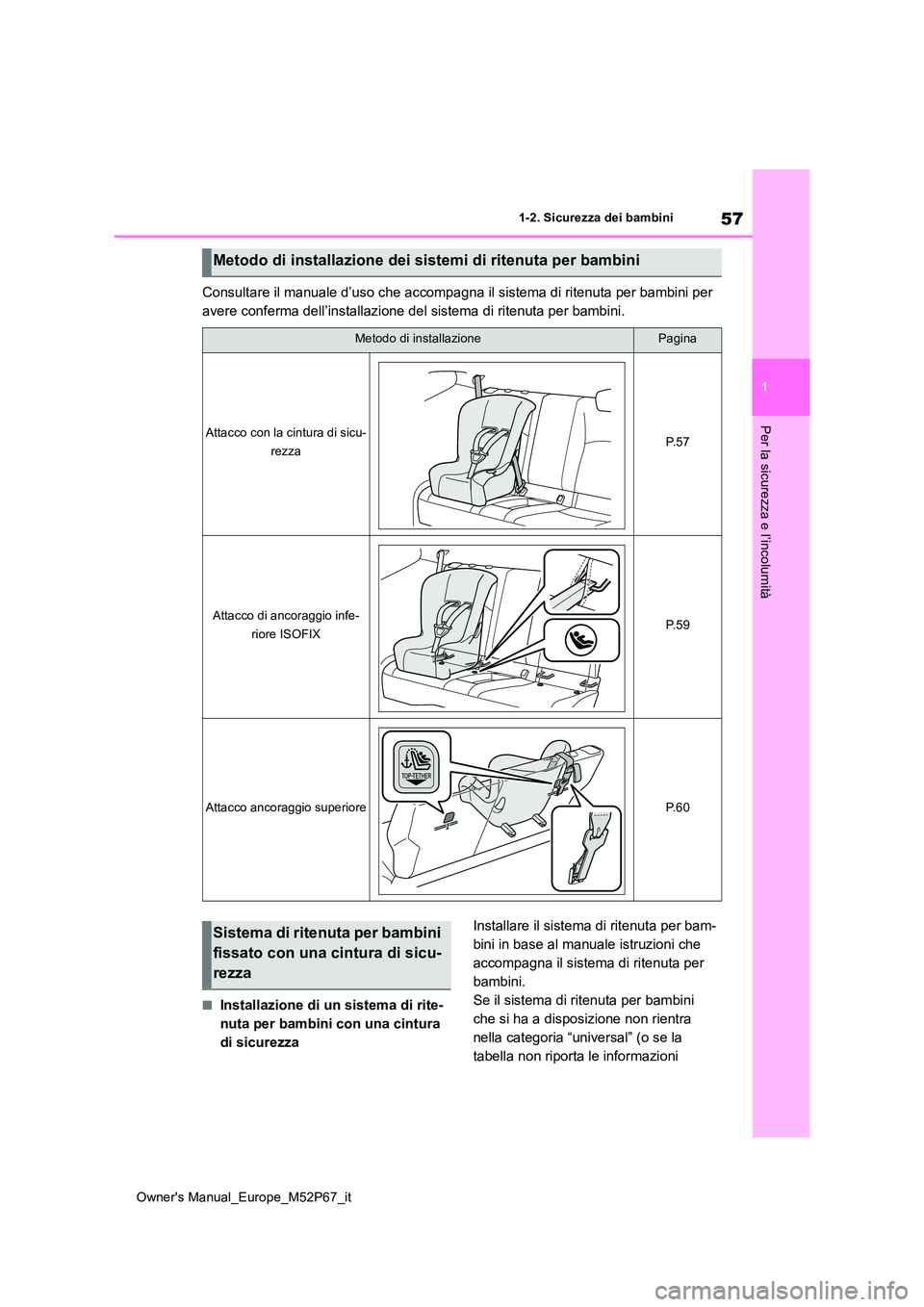 TOYOTA GR YARIS 2022 Manuale duso (in Italian) 57
1
Owner's Manual_Europe_M52P67_it
1-2. Sicurezza dei bambini
Per la sicurezza e l’incolumità
Consultare il manuale d’uso che accompagna il sistema di ritenuta per bambini per
avere confe TOYOTA GR YARIS 2022 Manuale duso (in Italian) 57
1
Owner's Manual_Europe_M52P67_it
1-2. Sicurezza dei bambini
Per la sicurezza e l’incolumità
Consultare il manuale d’uso che accompagna il sistema di ritenuta per bambini per
avere confe