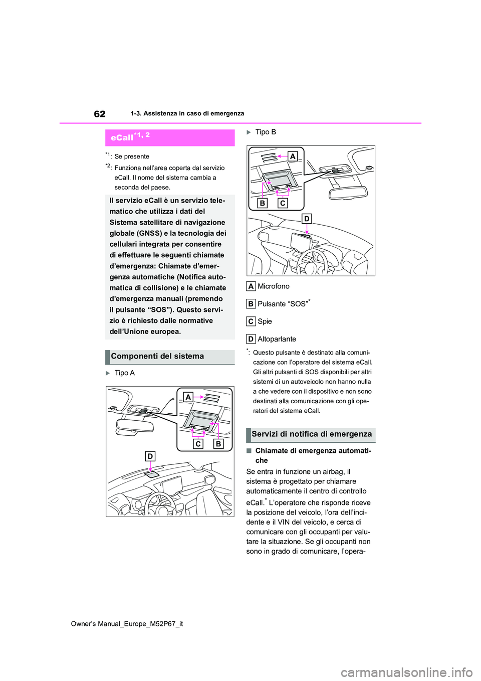 TOYOTA GR YARIS 2022 Manuale duso (in Italian) 62
Owner's Manual_Europe_M52P67_it
1-3. Assistenza in caso di emergenza
1-3.Assistenz a in cas o d i emergenz a
*1: Se presente
*2: Funziona nell’area coperta dal servizio
eCall. Il nome del s TOYOTA GR YARIS 2022 Manuale duso (in Italian) 62
Owner's Manual_Europe_M52P67_it
1-3. Assistenza in caso di emergenza
1-3.Assistenz a in cas o d i emergenz a
*1: Se presente
*2: Funziona nell’area coperta dal servizio
eCall. Il nome del s