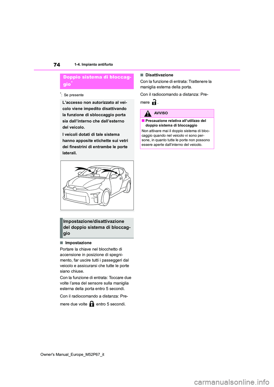 TOYOTA GR YARIS 2023 Manuale duso (in Italian) 74
Owner's Manual_Europe_M52P67_it
1-4. Impianto antifurto
*: Se presente
■Impostazione
Portare la chiave nel blocchetto di
accensione in posizione di spegni-
mento, far uscire tutti i passeg TOYOTA GR YARIS 2023 Manuale duso (in Italian) 74
Owner's Manual_Europe_M52P67_it
1-4. Impianto antifurto
*: Se presente
■Impostazione
Portare la chiave nel blocchetto di
accensione in posizione di spegni-
mento, far uscire tutti i passeg