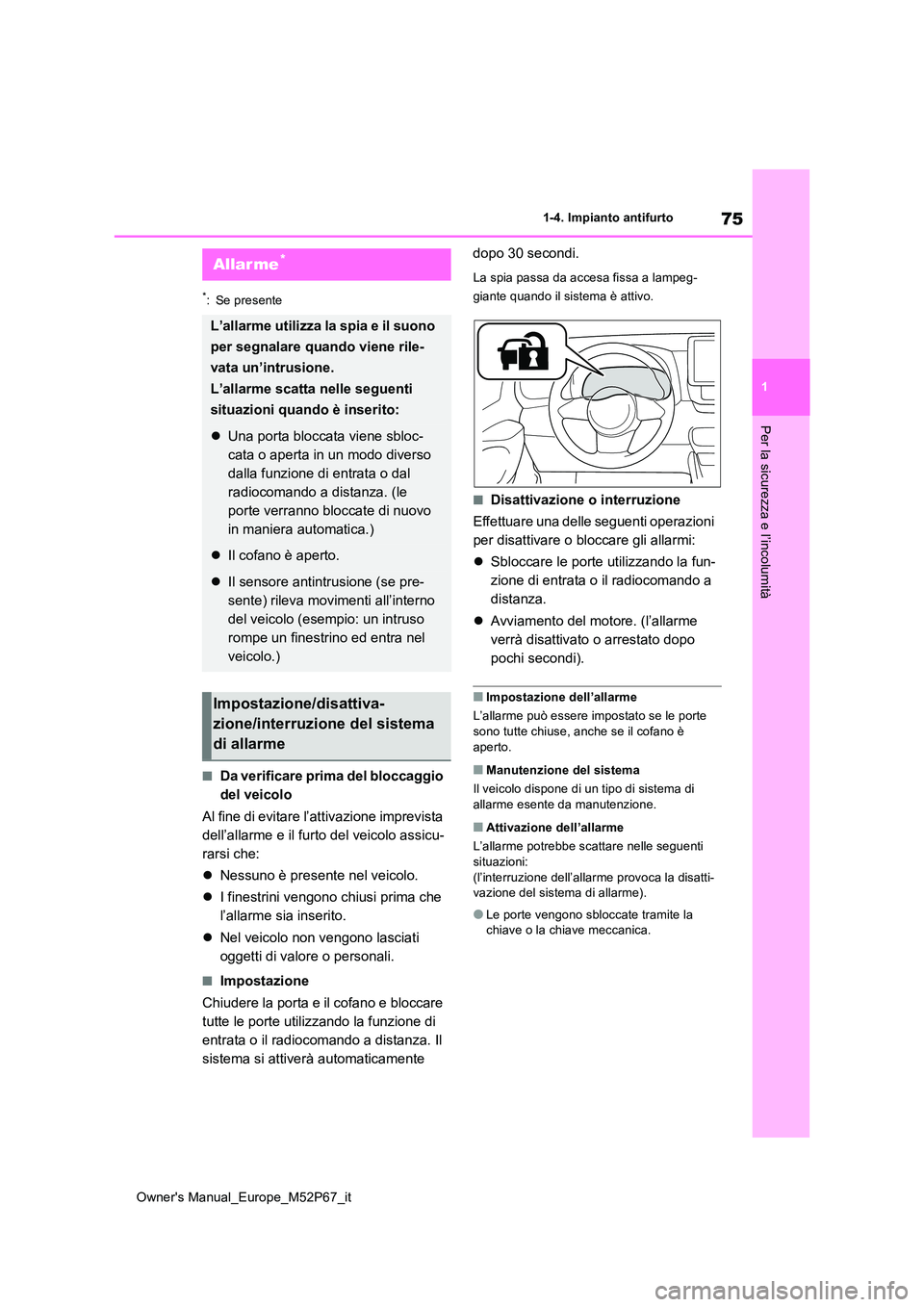 TOYOTA GR YARIS 2023 Manuale duso (in Italian) 75
1
Owner's Manual_Europe_M52P67_it
1-4. Impianto antifurto
Per la sicurezza e l’incolumità
*: Se presente
■Da verificare prima del bloccaggio
del veicolo
Al fine di evitare l’attivazio TOYOTA GR YARIS 2023 Manuale duso (in Italian) 75
1
Owner's Manual_Europe_M52P67_it
1-4. Impianto antifurto
Per la sicurezza e l’incolumità
*: Se presente
■Da verificare prima del bloccaggio
del veicolo
Al fine di evitare l’attivazio