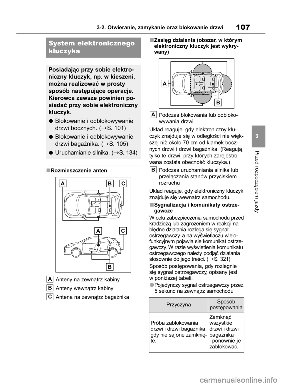 TOYOTA GR YARIS 2023 Instrukcja obsługi (in Polish) Rozmieszczenie anten
Anteny na zewnàtrz kabiny
Anteny wewnàtrz kabiny
Antena na zewnàtrz baga˝nikaZasi´g dzia∏ania (obszar, w którym
elektroniczny kluczyk jest wykry-
wany)
Podczas blokowania TOYOTA GR YARIS 2023 Instrukcja obsługi (in Polish) Rozmieszczenie anten
Anteny na zewnàtrz kabiny
Anteny wewnàtrz kabiny
Antena na zewnàtrz baga˝nikaZasi´g dzia∏ania (obszar, w którym
elektroniczny kluczyk jest wykry-
wany)
Podczas blokowania