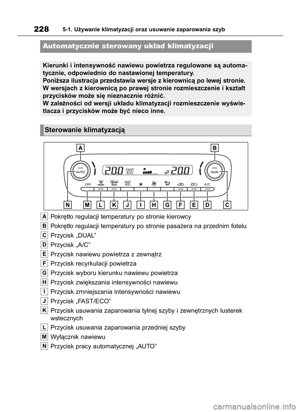 TOYOTA GR YARIS 2023  Instrukcja obsługi (in Polish) Pokr´t∏o regulacji temperatury po stronie kierowcy
Pokr´t∏o regulacji temperatury po stronie pasa˝era na przednim fotelu
Przycisk „DUAL”
Przycisk „A/C”
Przycisk nawiewu powietrza z zewn