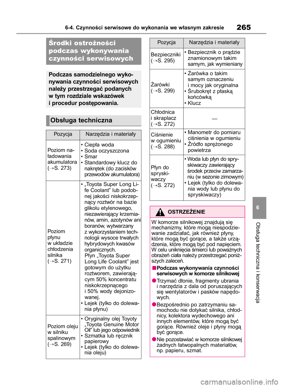TOYOTA GR YARIS 2023  Instrukcja obsługi (in Polish) Obs∏uga techniczna i konserwacja
6-4. CzynnoÊci serwisowe do wykonania we w∏asnym zakresie265
6
Ârodki ostro˝noÊci 
podczas wykonywania
czynnoÊci serwisowych
Podczas samodzielnego wyko-
nywan