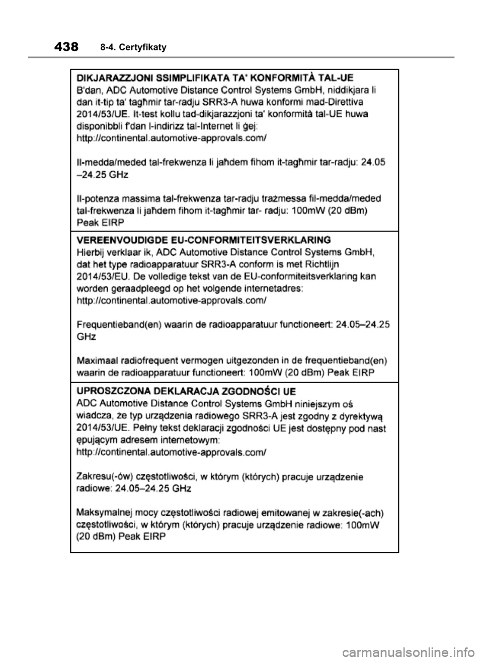TOYOTA GR YARIS 2023 Instrukcja obsługi (in Polish) 4388-4. Certyfikaty
38 Yaris GR OM52P63E 11/14/22 4:36 PM Page 438 TOYOTA GR YARIS 2023 Instrukcja obsługi (in Polish) 4388-4. Certyfikaty
38 Yaris GR OM52P63E 11/14/22 4:36 PM Page 438