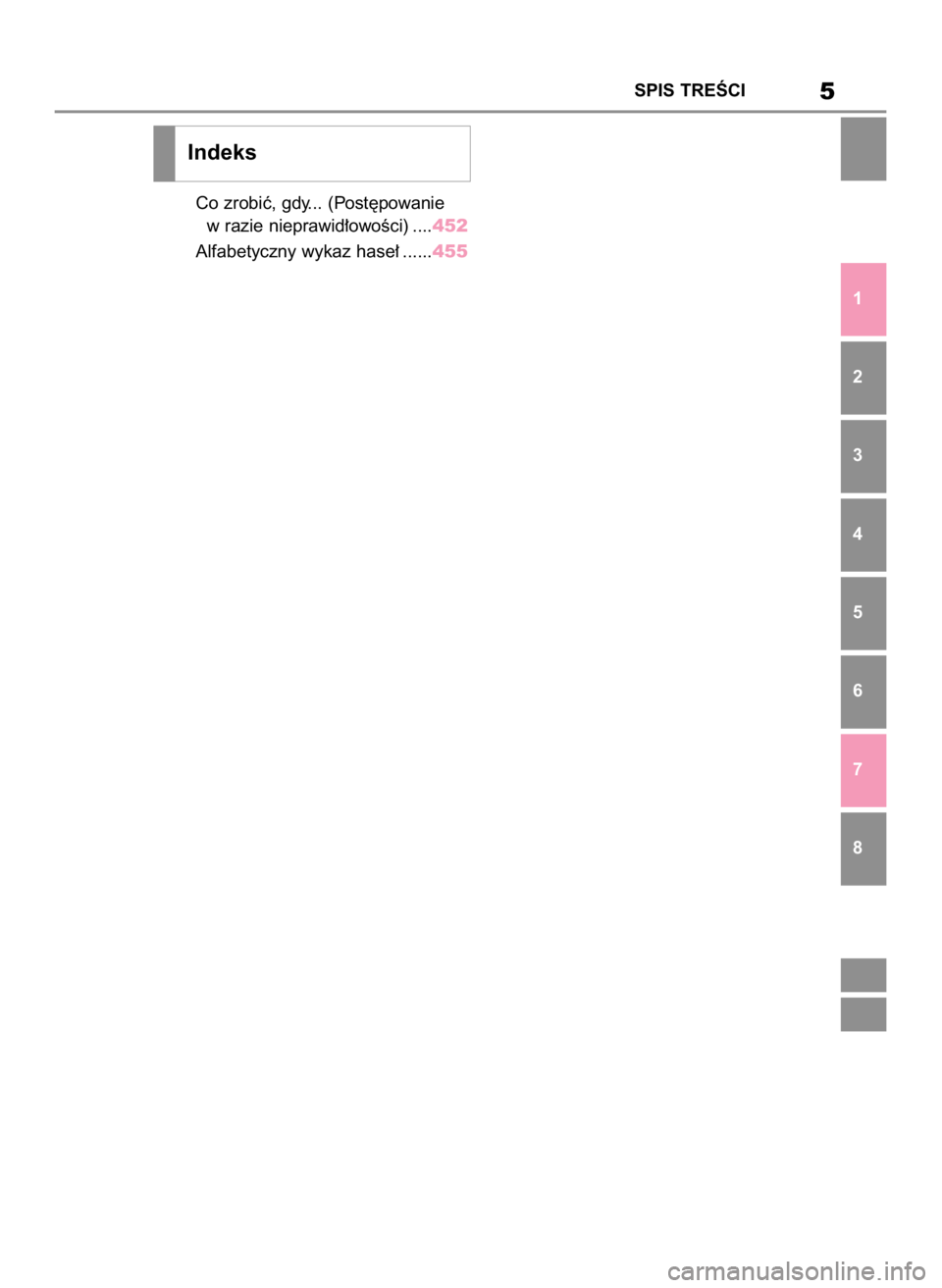 TOYOTA GR YARIS 2022  Instrukcja obsługi (in Polish) Co zrobiç, gdy... (Post´powanie
w razie nieprawid∏owoÊci) ....452
Alfabetyczny wykaz hase∏ ......455
5SPIS TREÂCI
Indeks
1
2
3
4
5
6
7
8
38 Yaris GR OM52P63E  11/14/22  4:33 PM  Page 5 