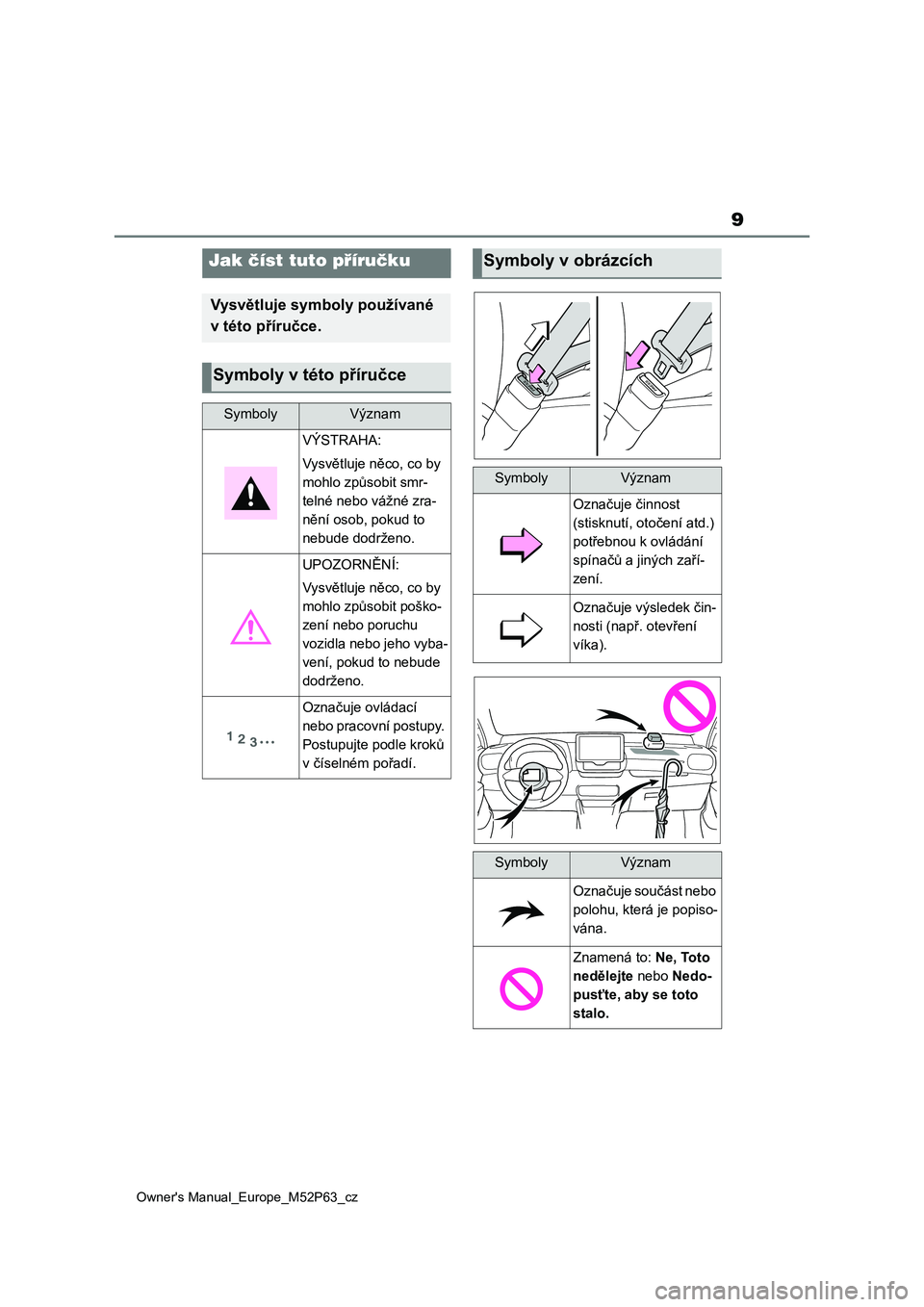 TOYOTA GR YARIS 2023 Návod na použití (in Czech) 9
Owner's Manual_Europe_M52P63_cz
Jak číst tuto příručku
Vysvětluje symboly používané
v této příručce.
Symboly v této příručce
SymbolyVýznam
VÝSTRAHA:
Vysvětluje ně co, co TOYOTA GR YARIS 2023 Návod na použití (in Czech) 9
Owner's Manual_Europe_M52P63_cz
Jak číst tuto příručku
Vysvětluje symboly používané
v této příručce.
Symboly v této příručce
SymbolyVýznam
VÝSTRAHA:
Vysvětluje ně co, co