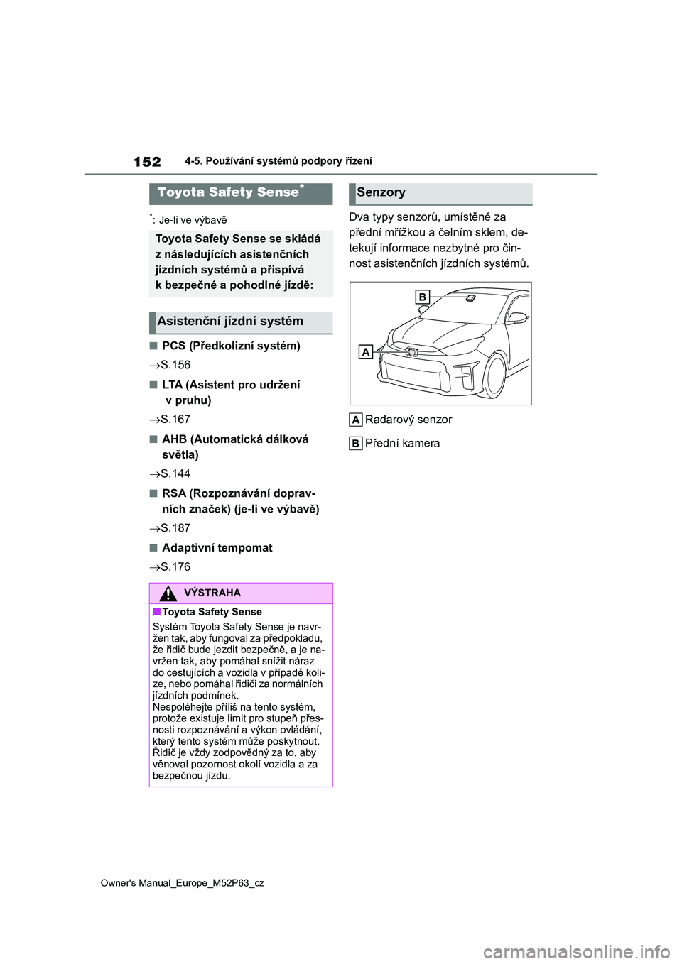 TOYOTA GR YARIS 2023  Návod na použití (in Czech) 152
Owner's Manual_Europe_M52P63_cz
4-5. Používání systémů podpory řízení
4-5.Používání systémů podpory řízení
*: Je-li ve výbavě
■PCS (Předkolizní systém) 
 S.156
■L