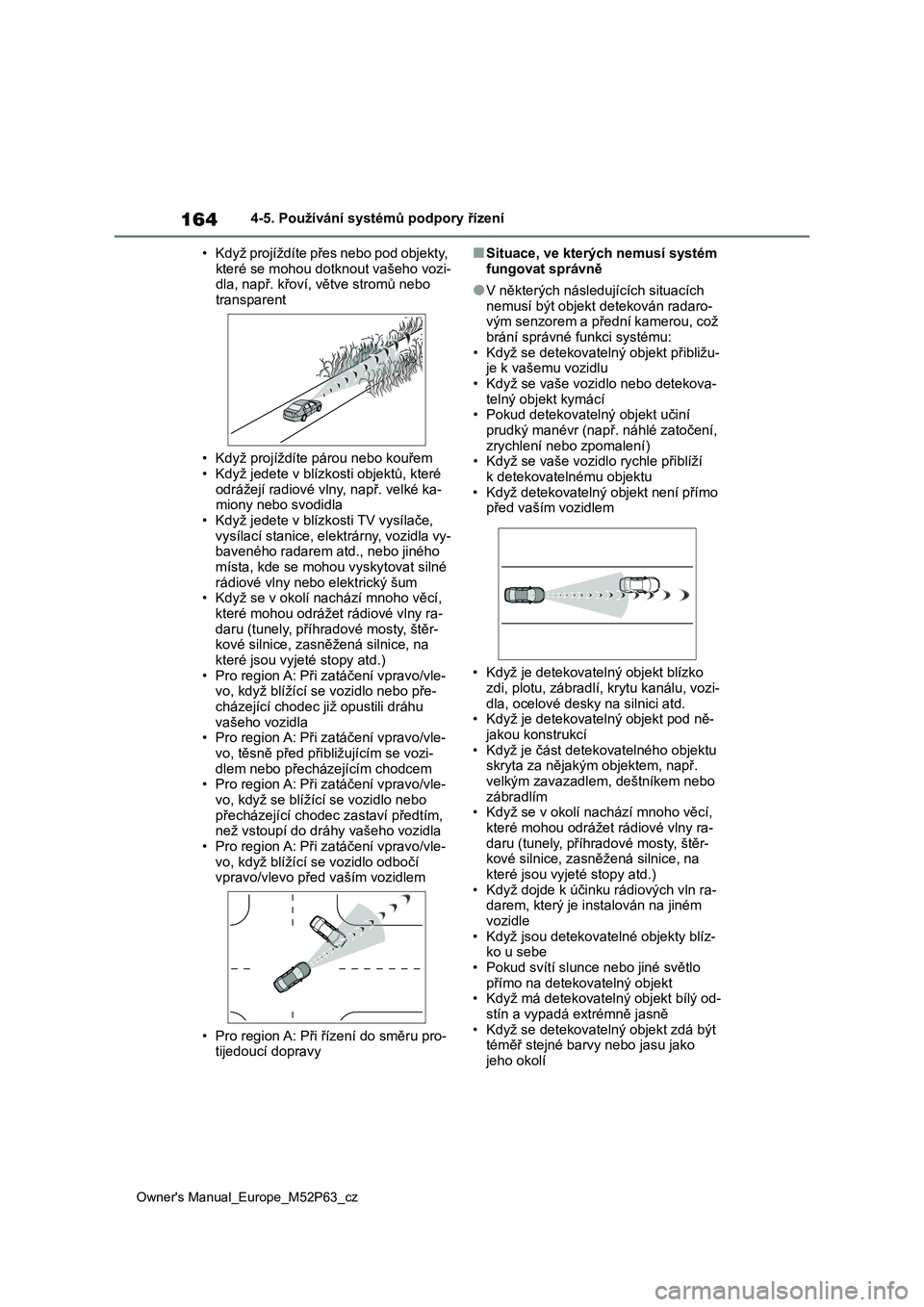 TOYOTA GR YARIS 2023  Návod na použití (in Czech) 164
Owner's Manual_Europe_M52P63_cz
4-5. Používání systémů podpory řízení 
• Když projíždíte přes nebo pod objekty,  
které se mohou dotk nout vašeho vozi- dla, např. křoví, v