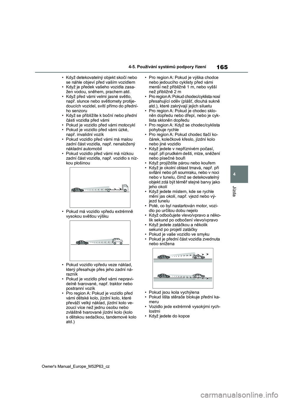 TOYOTA GR YARIS 2023  Návod na použití (in Czech) 165
4
Owner's Manual_Europe_M52P63_cz
4-5. Používání systémů podpory řízení
Jízda
• Když detekovatelný objekt skočí nebo  
se náhle objeví př ed vaším vozidlem • Když je p