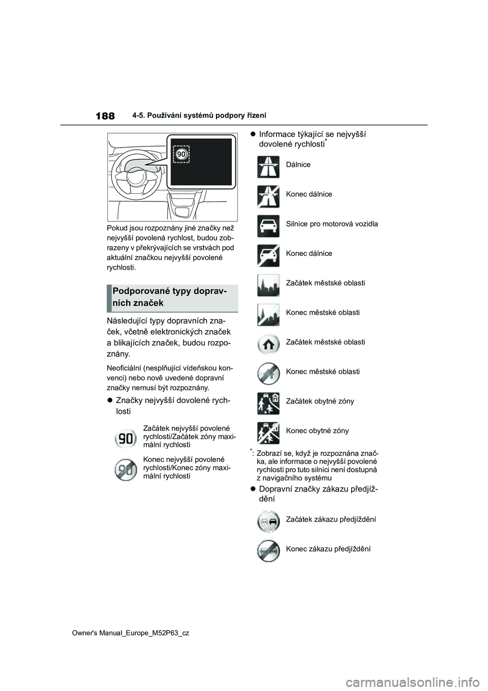 TOYOTA GR YARIS 2023  Návod na použití (in Czech) 188
Owner's Manual_Europe_M52P63_cz
4-5. Používání systémů podpory řízení 
Pokud jsou rozpoznány jiné značky než  
nejvyšší povolená rychlost, budou zob-
razeny v překrývající