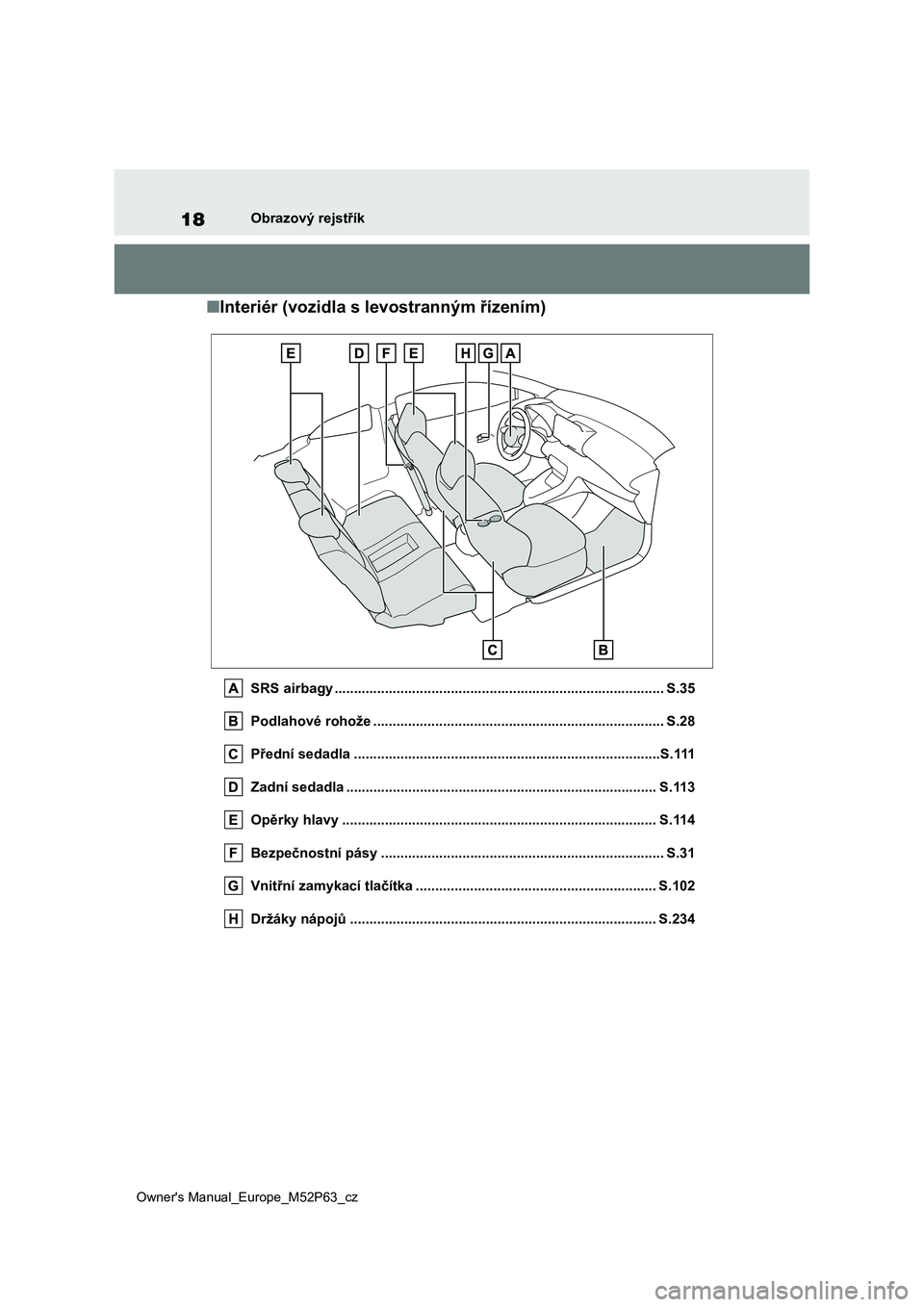 TOYOTA GR YARIS 2023 Návod na použití (in Czech) 18
Owner's Manual_Europe_M52P63_cz
Obrazový rejstřík
■Interiér (vozidla s levostranným řízením)
SRS airbagy .............................................................................. TOYOTA GR YARIS 2023 Návod na použití (in Czech) 18
Owner's Manual_Europe_M52P63_cz
Obrazový rejstřík
■Interiér (vozidla s levostranným řízením)
SRS airbagy ..............................................................................