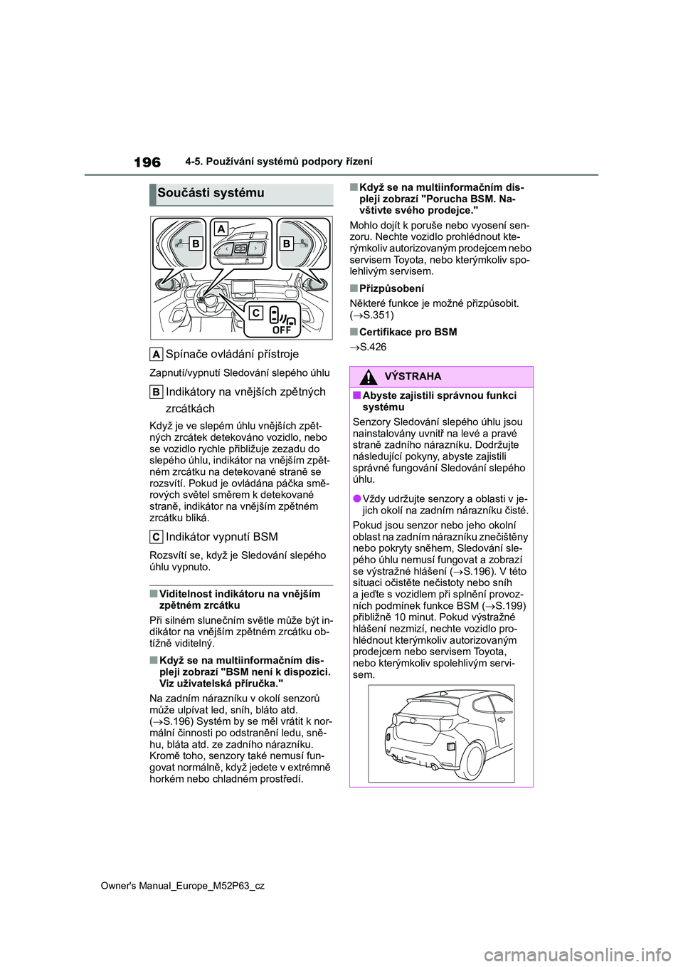 TOYOTA GR YARIS 2023  Návod na použití (in Czech) 196
Owner's Manual_Europe_M52P63_cz
4-5. Používání systémů podpory řízení
Spínače ovládání přístroje
Zapnutí/vypnutí Sledování slepého úhlu
Indikátory na vnějších zpětn